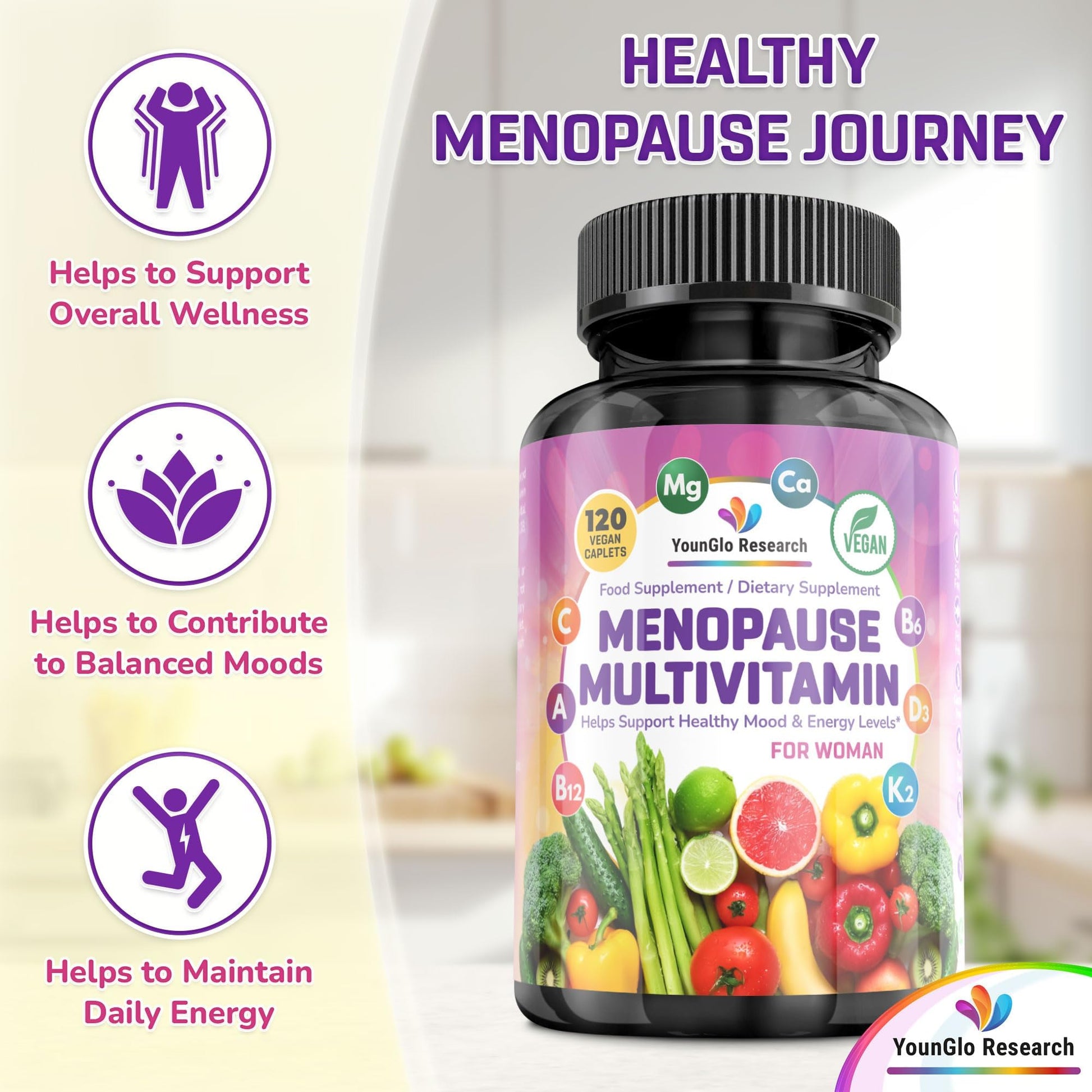 YounGlo Research Menopause Supplement - 120 Vegan Caplets - Menopause & Perimenopause Relief Support - Food and Dietary Vitamins - Multivitamin for Women YounGlo ResearchAu supplements