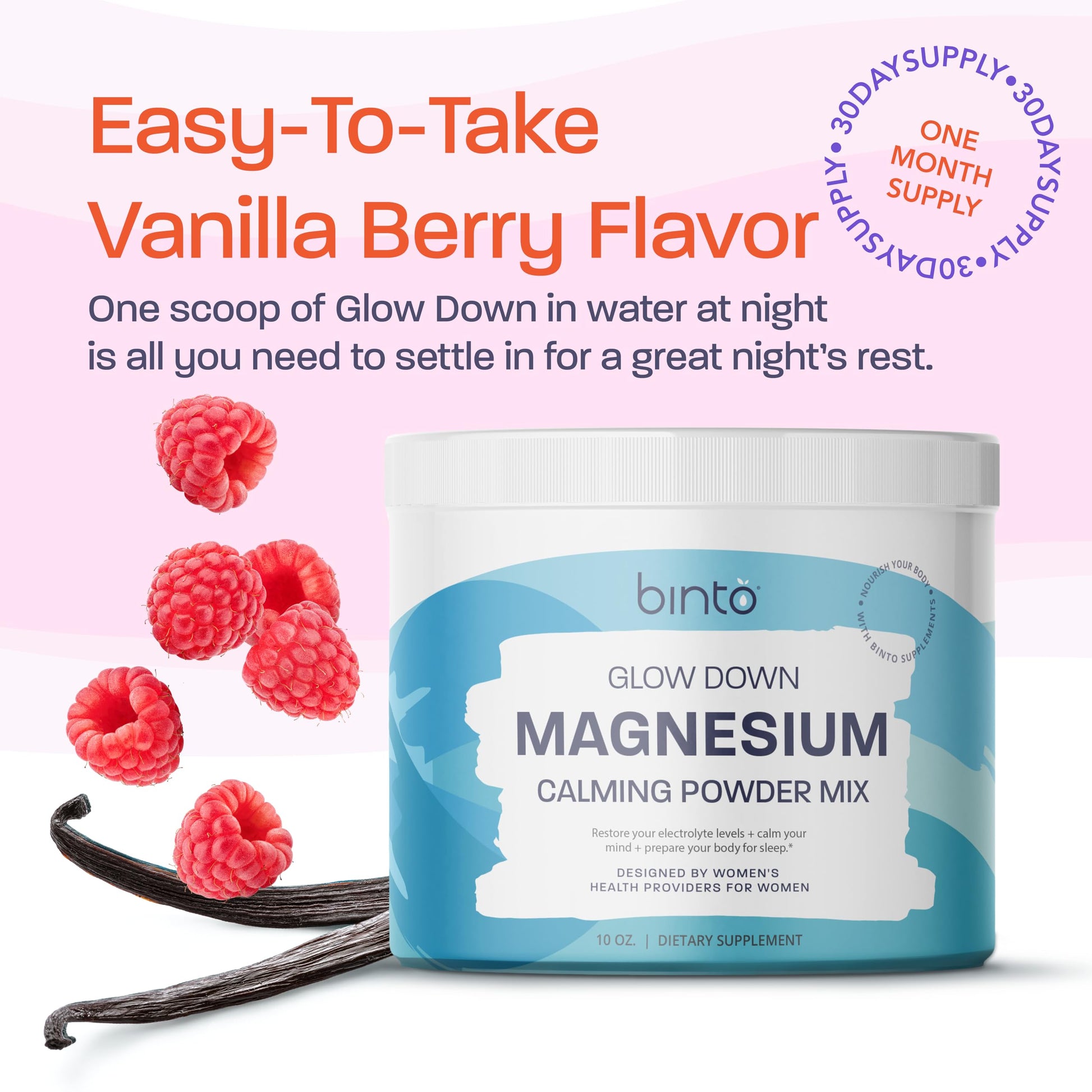 Binto Glow Down - Sleep Better & De-Stress with Our Berry Vanilla Magnesium Drink Mix, Made in USA, Sugar-Free, Preservative-Free, Gluten-Free Drink Mix (60 Day Supply) BintoAu supplements