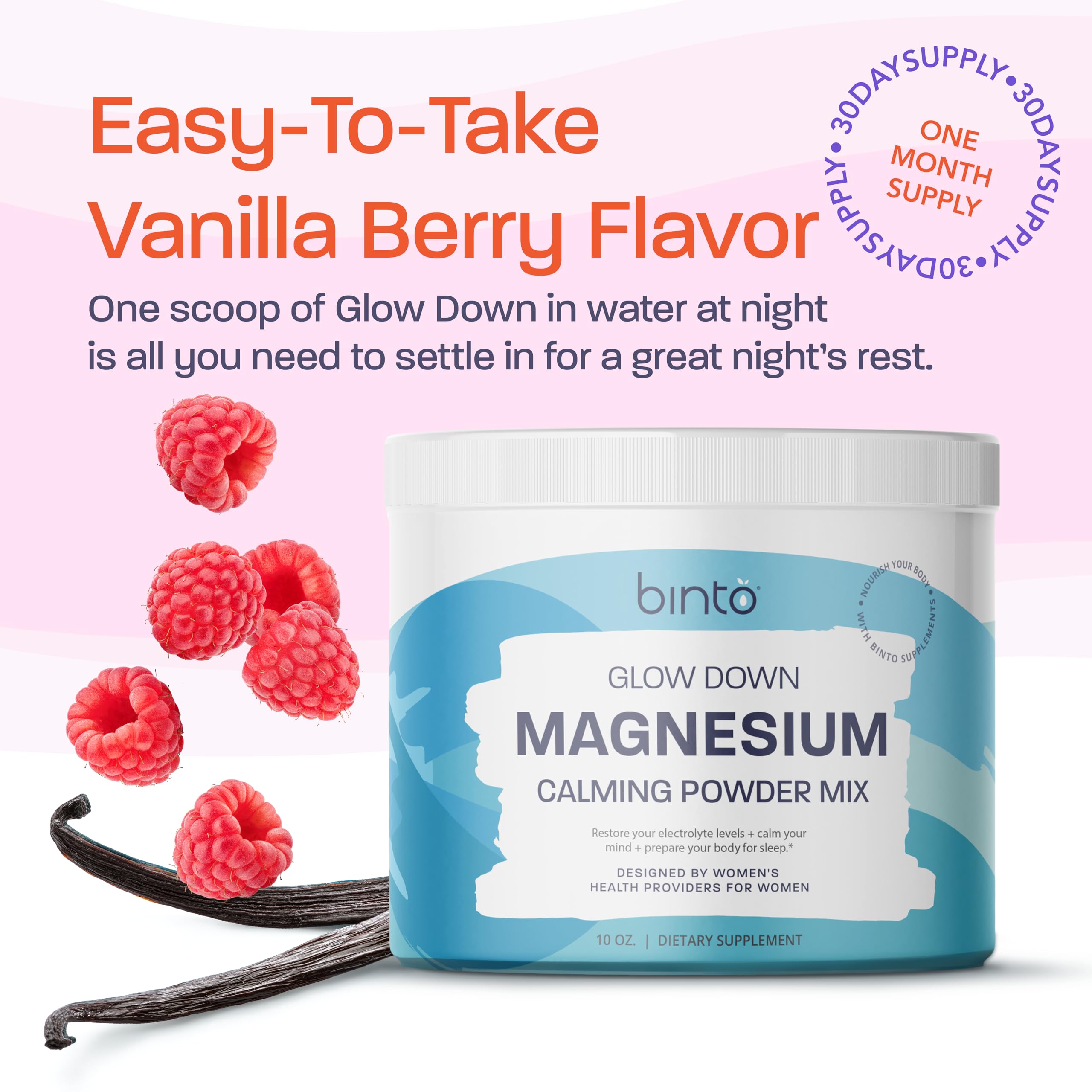 Binto Glow Down - Sleep Better & De-Stress with Our Berry Vanilla Magnesium Drink Mix, Made in USA, Sugar-Free, Preservative-Free, Gluten-Free Drink Mix (60 Day Supply) BintoAu supplements