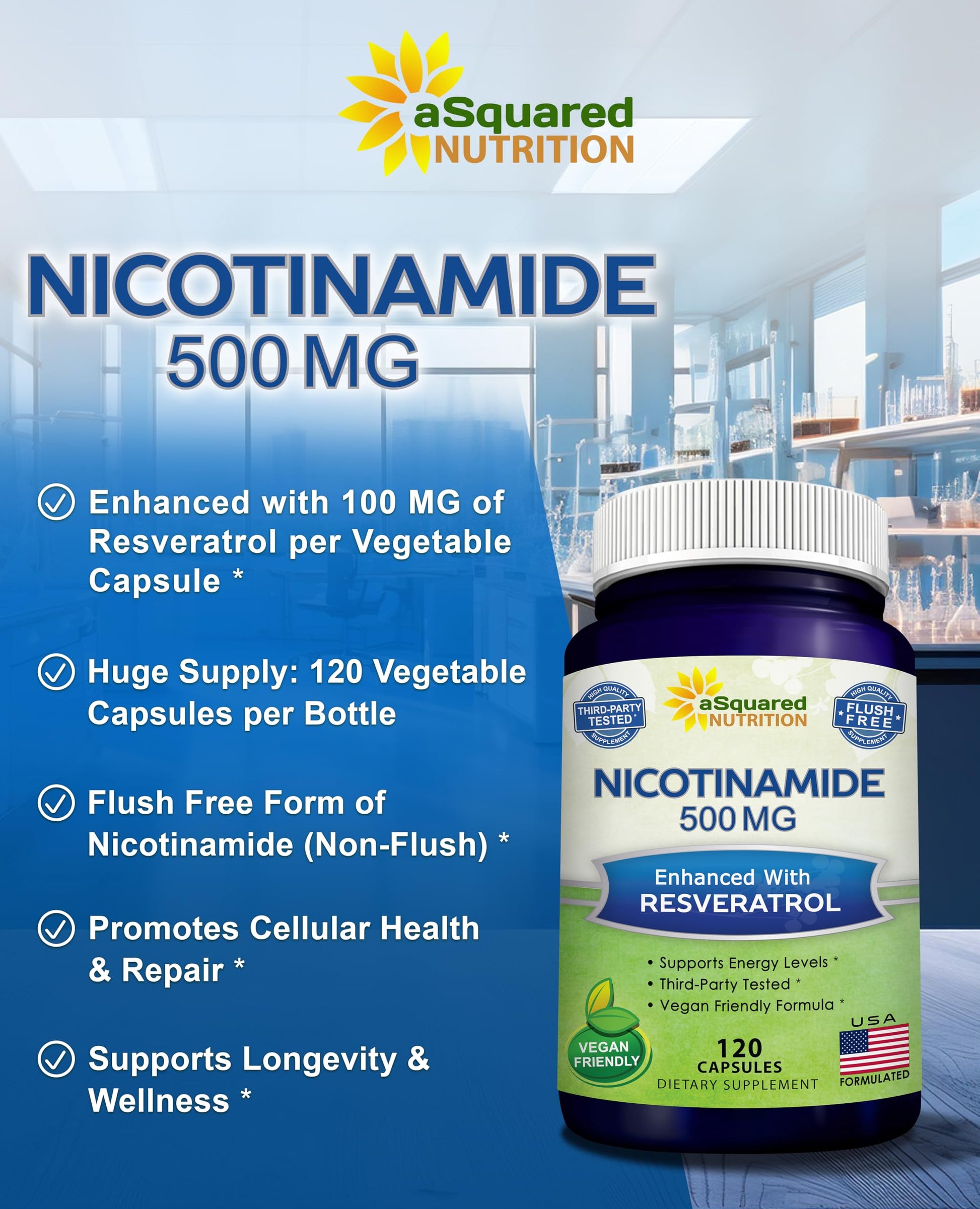 aSquared Nutrition Nicotinamide with Resveratrol - 120 Veggie Capsules - Vitamin B3 500mg (Niacinamide Flush Free) - Supplement Pills to Support NAD, Skin Cell Health & Energy aSquared NutritionAu supplements