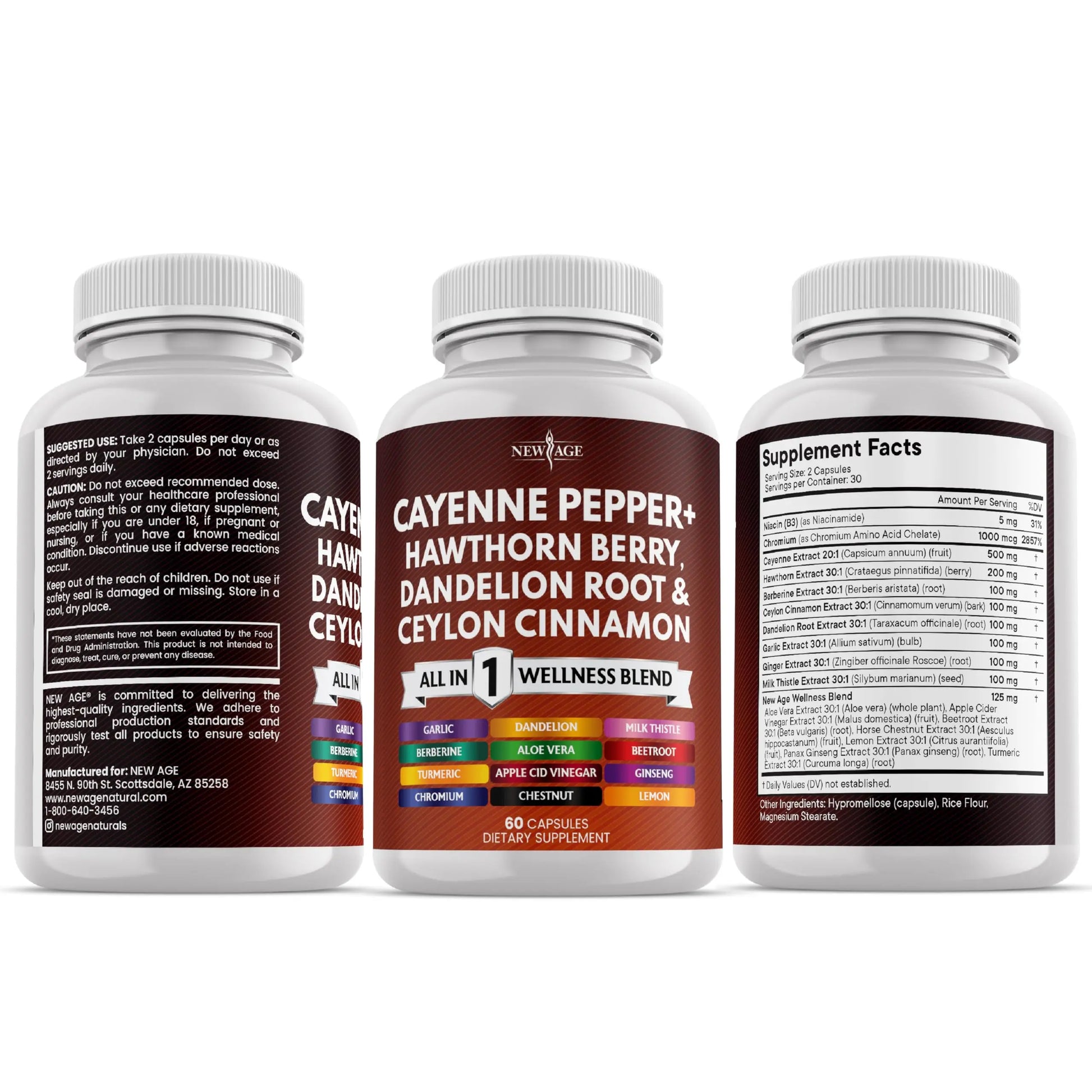 NEW AGE Cayenne Pepper Capsules Supplement with Hawthorn Berry, Dandelion Root, Ceylon Cinnamon, Garlic, Ginger, ACV, Milk Thistle, Beet Root, Aloe Vera - 120 Count NEW AGEnz supplements