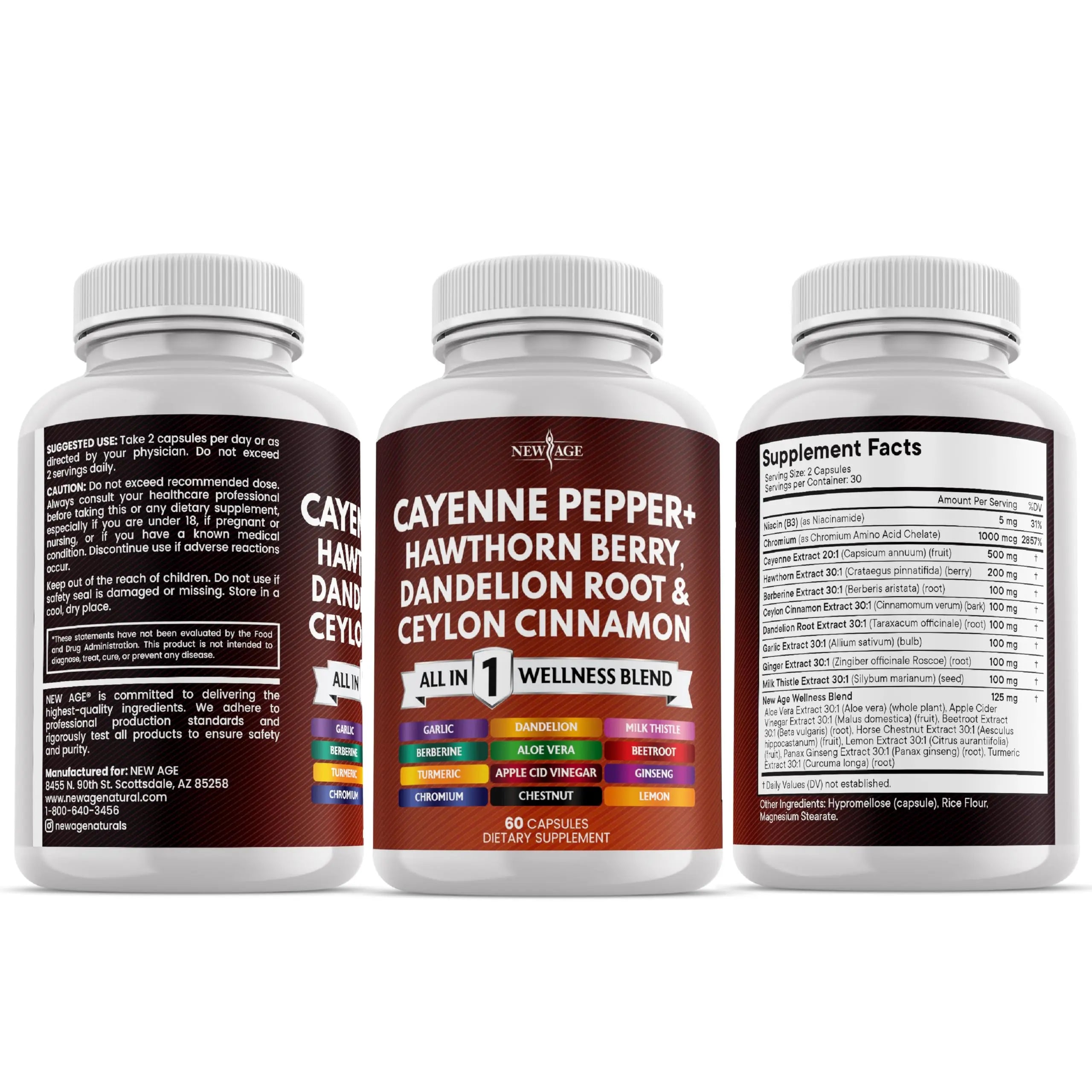 NEW AGE Cayenne Pepper Capsules Supplement with Hawthorn Berry, Dandelion Root, Ceylon Cinnamon, Garlic, Ginger, ACV, Milk Thistle, Beet Root, Aloe Vera - 120 Count NEW AGEnz supplements