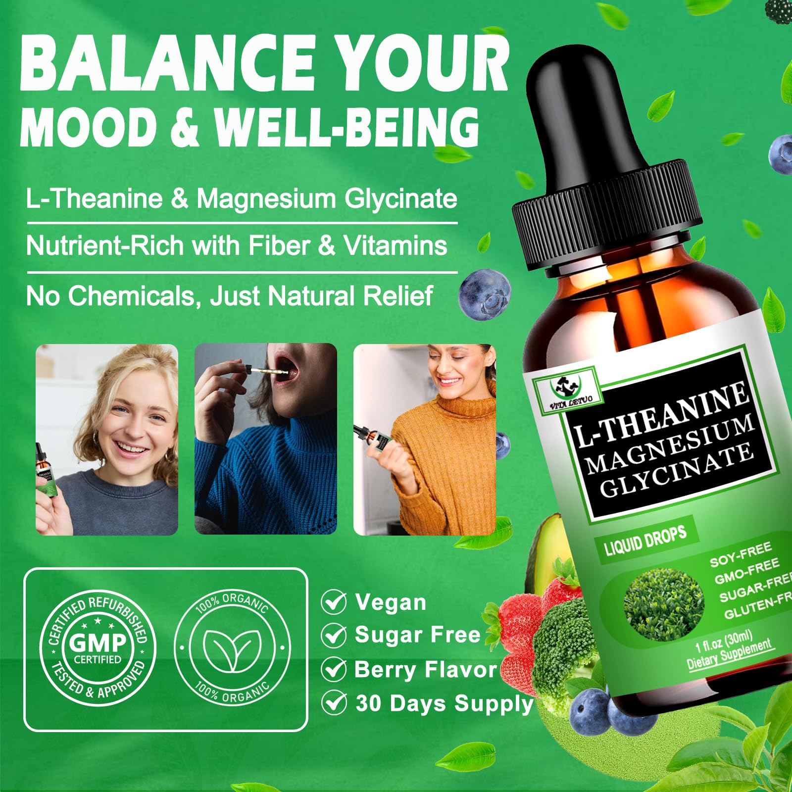 L Theanine Drops, Liquid L-Theanine Supplement 200mg w/Magnesium Glycinate,Vitamins,Fiber for Relaxation,Sleep,Digestion, Calm,High Absorption Mood Support for Adults & Kids,Plant Based,Non-GMO Vita letuoAu supplements