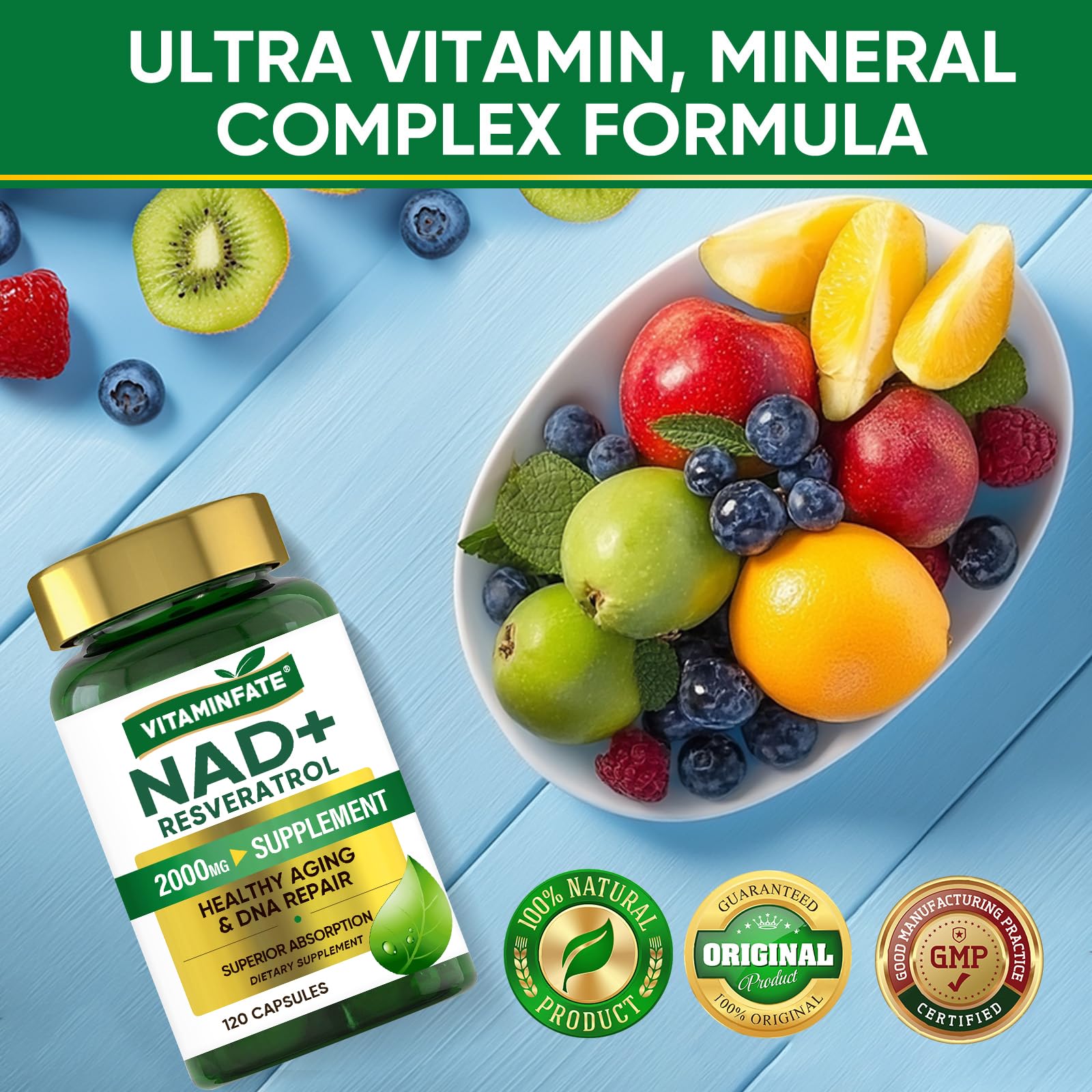 VITAMINFATE NAD+ Supplement 2000 mg - 120 Capsules True NAD+ & Resveratrol, NMN Alternative Supports Anti-Aging, Cellular Energy & Repair, Metabolism & Brain Boost for Men & Women VITAMINFATEAu supplements