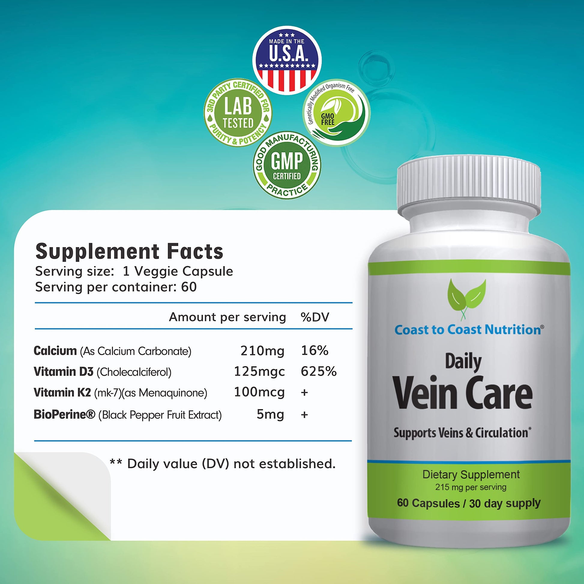 Coast to Coast Nutrition Daily Vein Care Supplement Capsules — Circulation Formula with a Natural Blend of Calcium, Vitamin D3, Vitamin K2 Plus BioPerine for Max Absorption Vein Formula — 60 Capsules Coast to Coast NutritionAu supplements