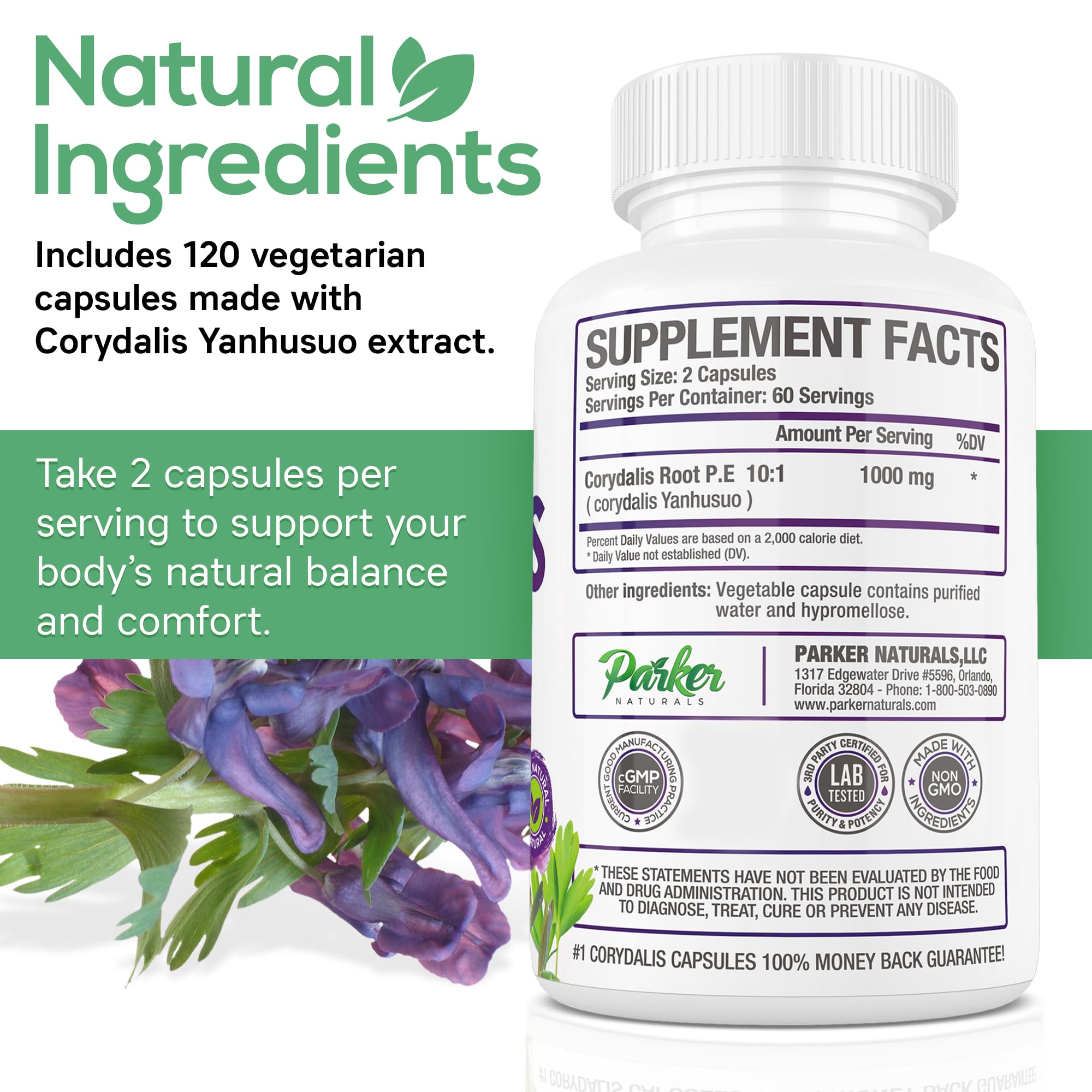 Pure Corydalis Root Extract Capsule - 1000mg Strength, 10:1 Corydalis Yanhusuo Extract, Natural Relief, Long Lasting, 100% Vegetarian, 60 Servings, 120 Count Parker NaturalsAu supplements