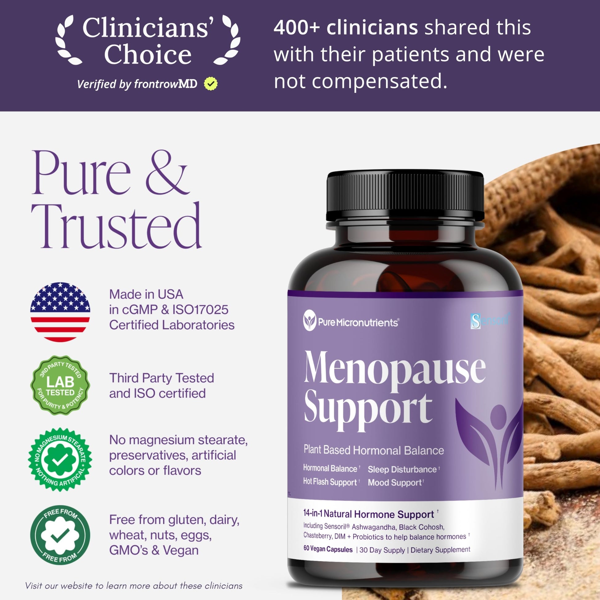Menopause Supplements for Women - Natural Hormone Balance - Hot Flashes, Night Sweats, Sleep & Mood Support. with Sensoril® Ashwagandha, DIM, Chaste Berry & Black Cohosh Root - 60 Count Pure MicronutrientsAu supplements