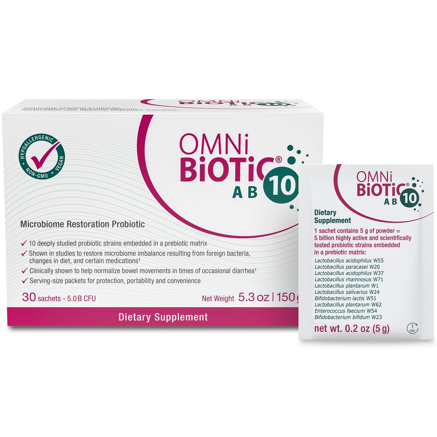 OMNi BiOTiC AB 10 - Clinically Tested Restorative Probiotic - Supports & Restores Gut Flora & Digestion - Digestive Probiotic for Diarrhea - Vegan, Hypoallergenic, Non-GMO (30 Daily Packets) OMNi BiOTiCUS supplements