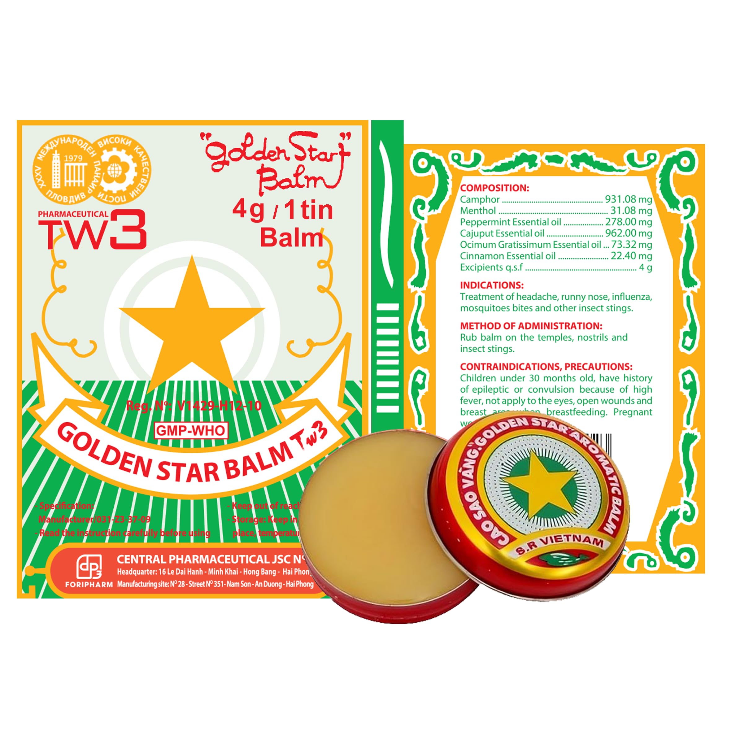 Golden Star Aromatic Balm (Pack of 8) - Authentic Vietnamese Cao Sao Vang - Support Fast Relief for Headaches, Muscle Pain, Colds, & Insect Bites - Natural Essential Oils - Travel Size 4g Tins Pharmaceutical TW3Au supplements
