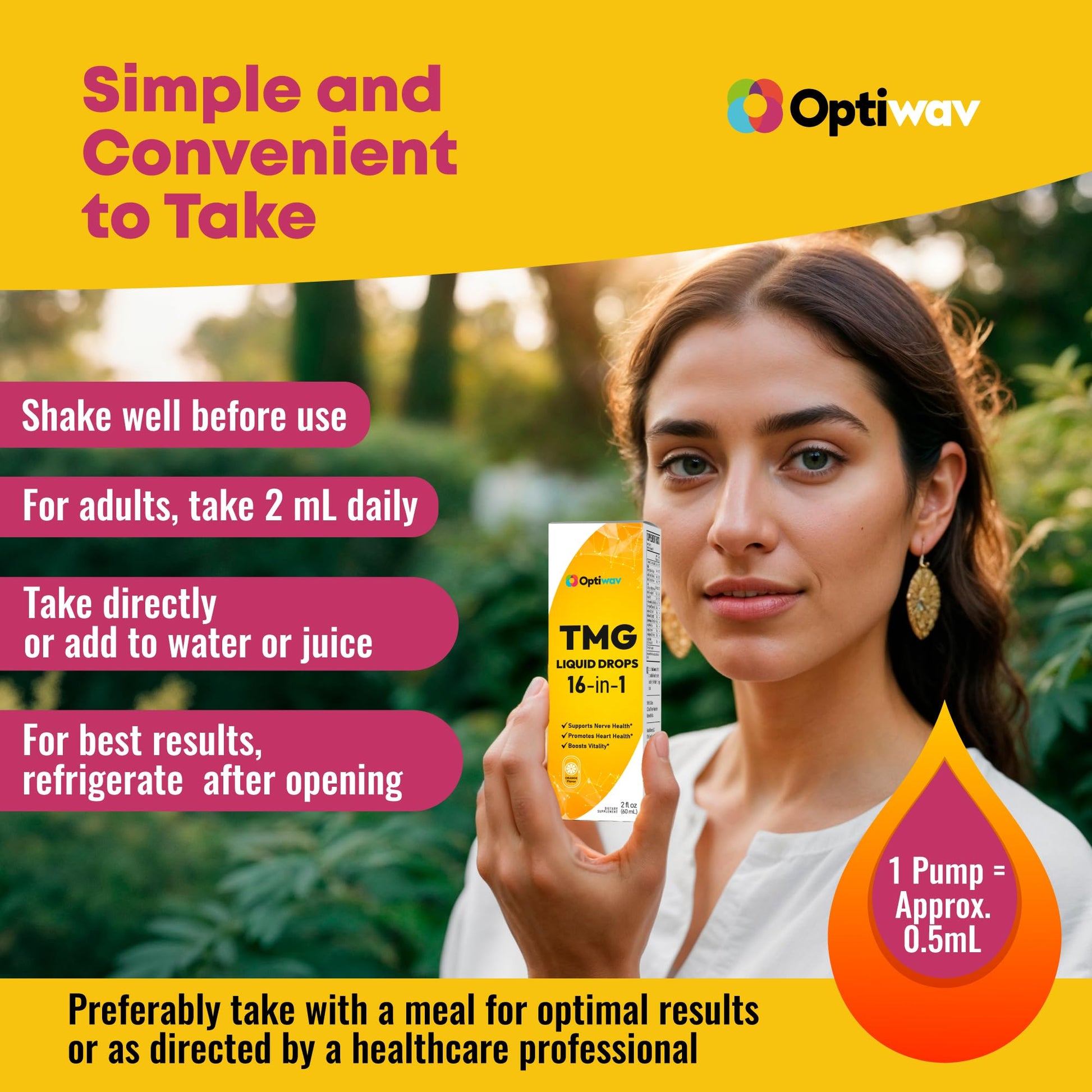 Optiwav TMG Trimethylglycine Liquid Drops - Betaine High Absorption Methylated Vitamins Supplement for Homocysteine Methylation & Heart Health Support - Orange Flavor Gluten Free Vegan - 2 fl oz OptiwavAu supplements