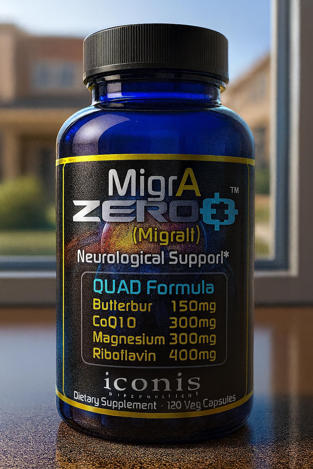 Migraine Relief, Quad-Formula with PA-Free Butterbur (150mg), CoQ10 (300mg), Magnesium Glycinate (300mg), High-Dose Riboflavin (400mg) - MigrA Zero (120 Caps) Optimal Dosing for Migraine Sufferers Iconis BioceuticalsAu supplements