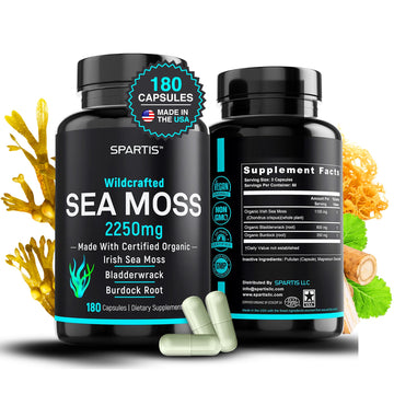 SPARTIS Certified Organic Sea Moss Capsules 2250mg Wildcrafted Irish Sea Moss Burdock Root Bladderwrack Supplement Raw Seamoss Pills & Powder (Pack of 1 at 180-Caps) SPARTISAu supplements