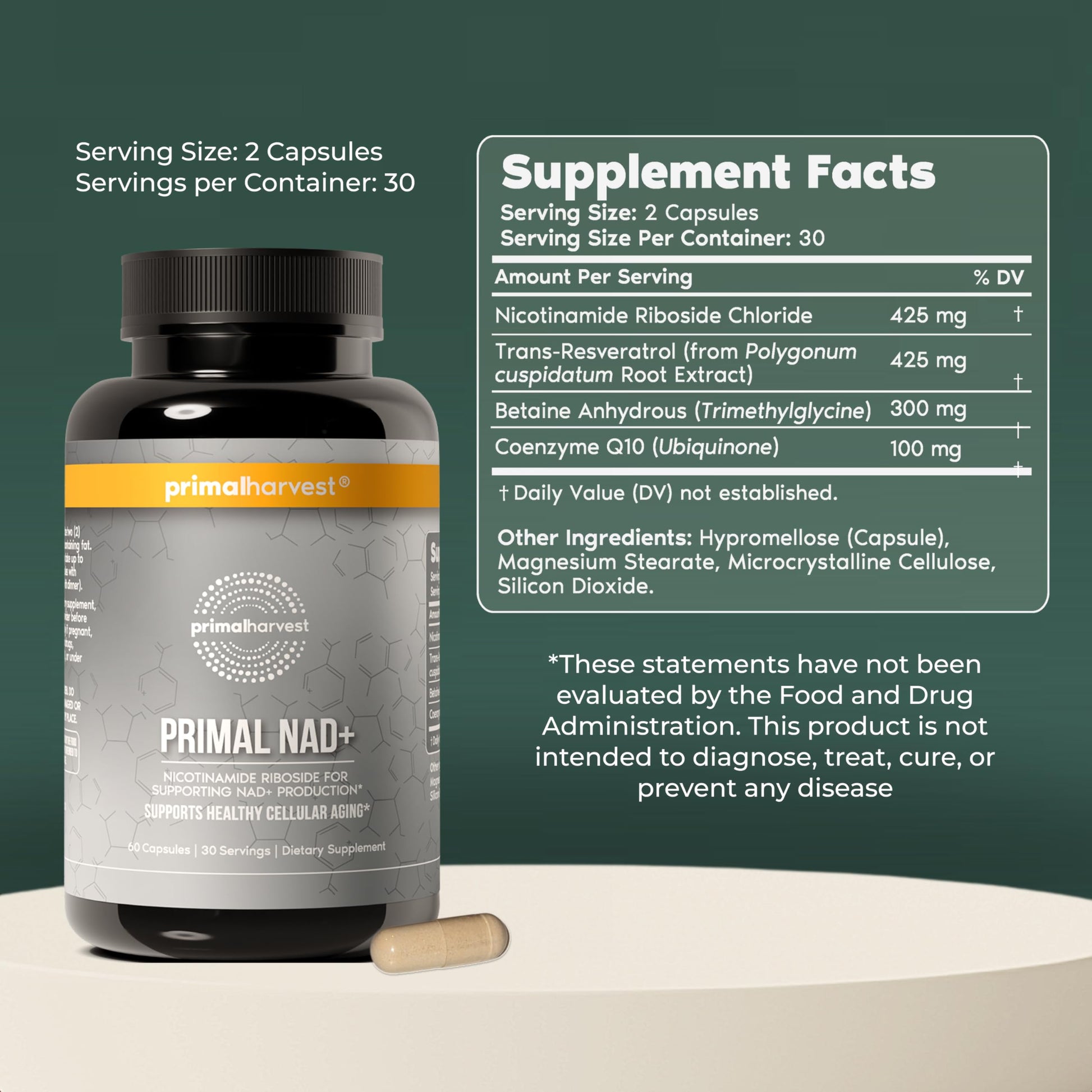 Primal Harvest NAD+ Supplement: Nicotinamide Riboside, Trans-Resveratrol, Betaine, CoQ10, NAD Supplements for Cellular Health, Energy, and Mitochondrial Support Primal HarvestAu supplements