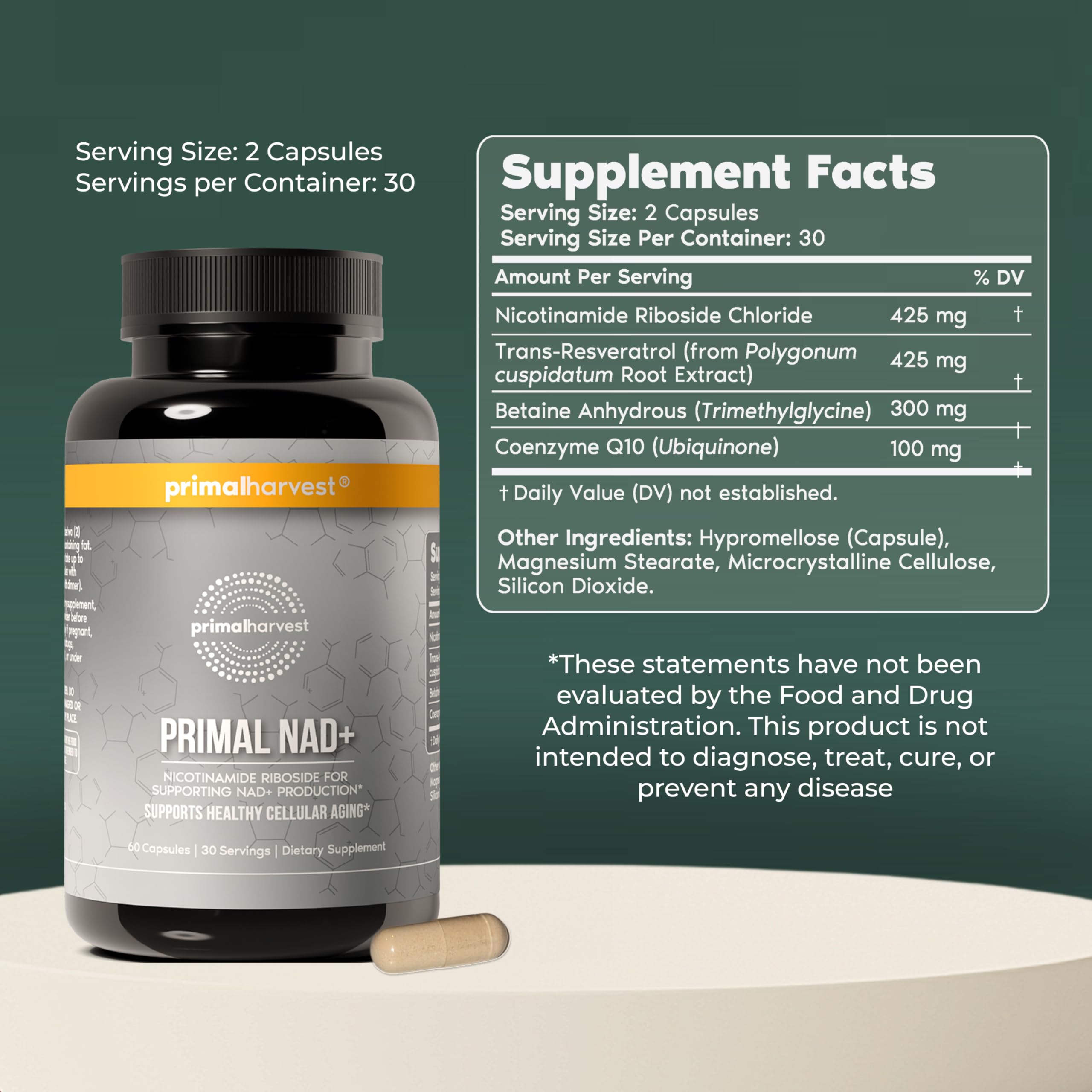 Primal Harvest NAD+ Supplement: Nicotinamide Riboside, Trans-Resveratrol, Betaine, CoQ10, NAD Supplements for Cellular Health, Energy, and Mitochondrial Support Primal HarvestAu supplements