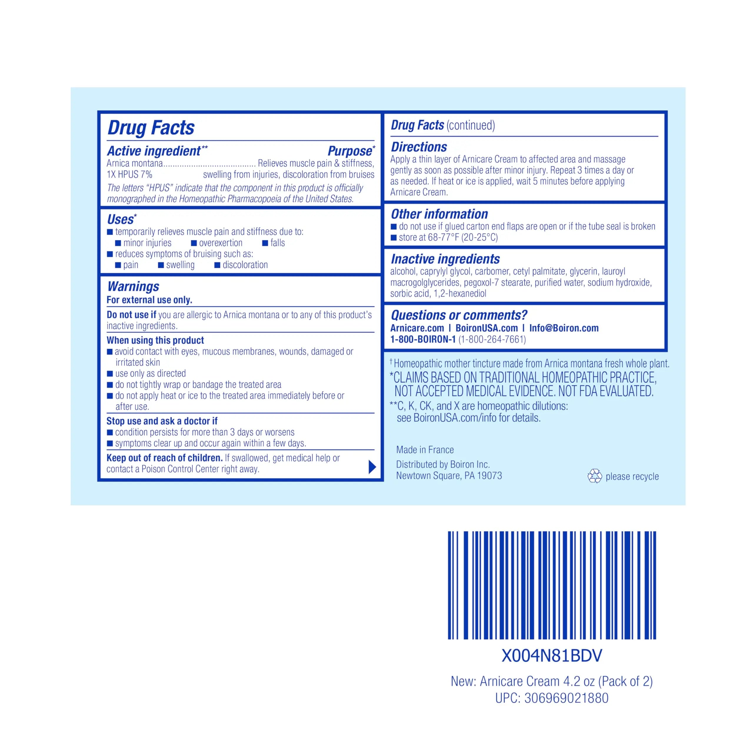 Boiron Arnicare Cream 4.2 oz (Twin Pack) for Joint Pain, Muscle Pain Relief, Swelling, Soreness, Stiffness, and Bruises - Fast Absorbing and Fragrance-Free Arnica BoironAu supplements