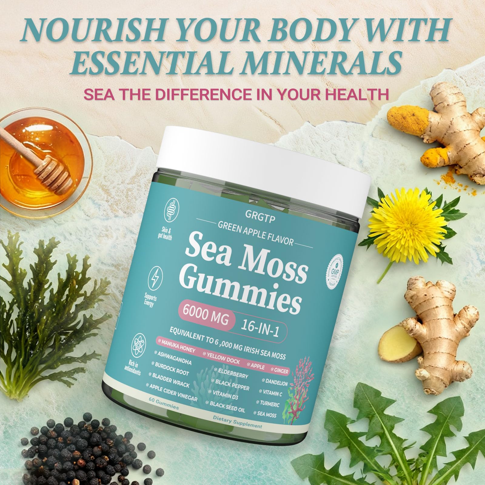 Sea Moss Gummies 16-in-1 - Ashwagandha Black Seed Oil Bladder Wrack Turmeric Vitamin C & D3 with Manuka Burdock Root Dandelion Yellow Dock Natural Detox & Liver Health Immune Support, Energy Boost GRGTPAu supplements