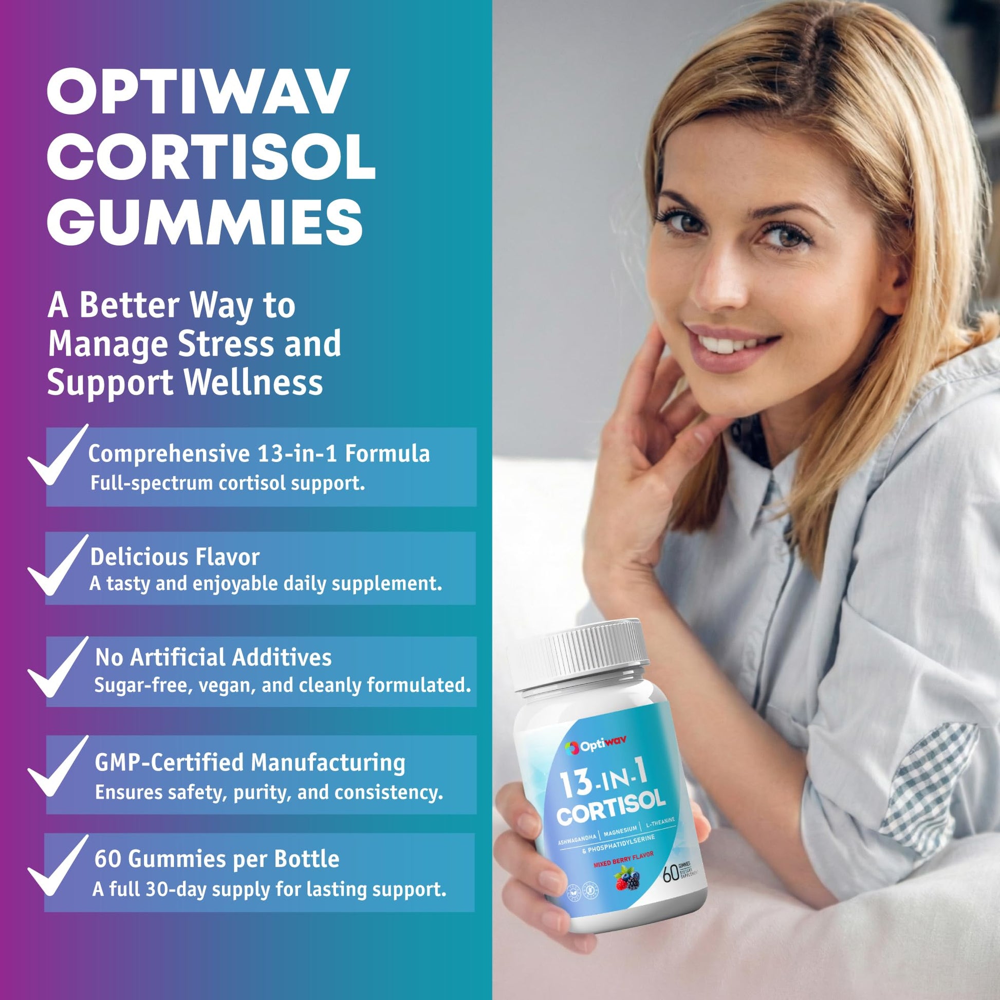 Optiwav Cortisol Reducer Gummies for Women Men - 13-in-1 Daily Cortisol Detox Manager Supports Stress Mood Balance Focus & Health Balance - Reduce High Cortisol with Ashwagandha Magnesium L-Theanine OptiwavAu supplements