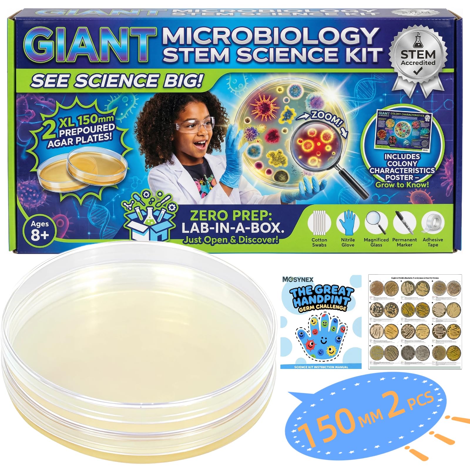 Giant Microbiology Bacteria Science Kit for Kids:2 XL 150mm Prepoured Nutrient Agar Plates, Petri Dishes with Agar & Colony Characteristics Poster for School Projects & Educational Gifts MosynexAu supplements
