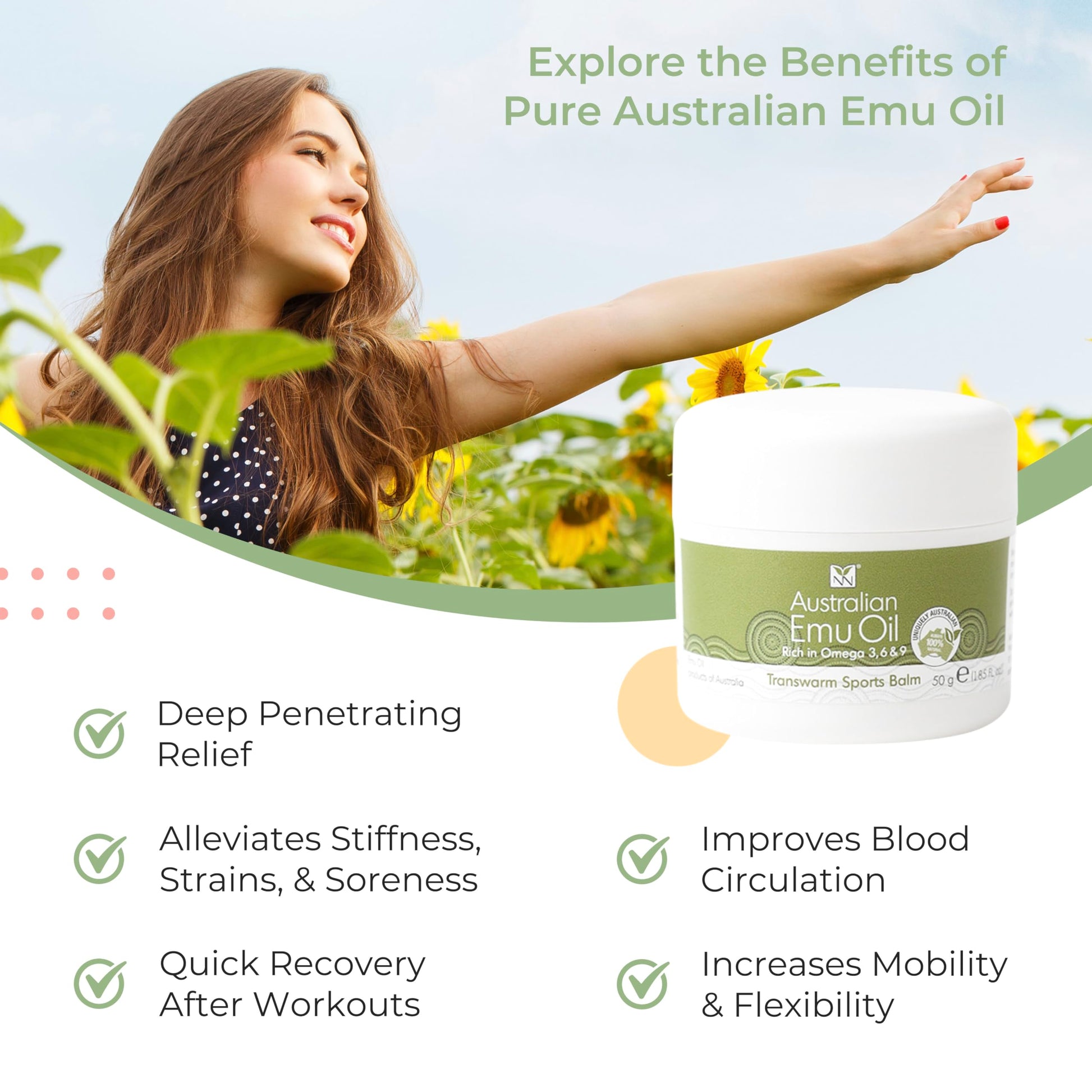 Y Not Natural Transwarm Sports Balm with Pure Emu Oil, Vitamins A, D, E, F & K2, Omega 3 6 9, & Tea Tree Oil Essential Oils - 50g Rub for Joint, Back, Muscle Stiffness & Soothing Itch Relief Y Not NaturalAu supplements