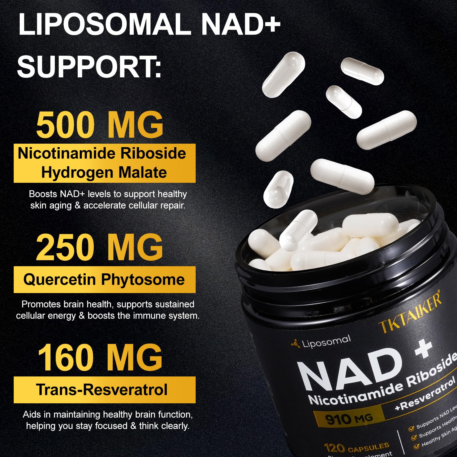 TKTALKER NAD Supplement, 910MG Liposomal Nicotinamide Riboside with Resveratrol & Quercetin, Anti-Aging, Cellular Energy, Mental Focus & Stamina & Healthy, Women & Men, 120 Capsules TKTALKERAu supplements