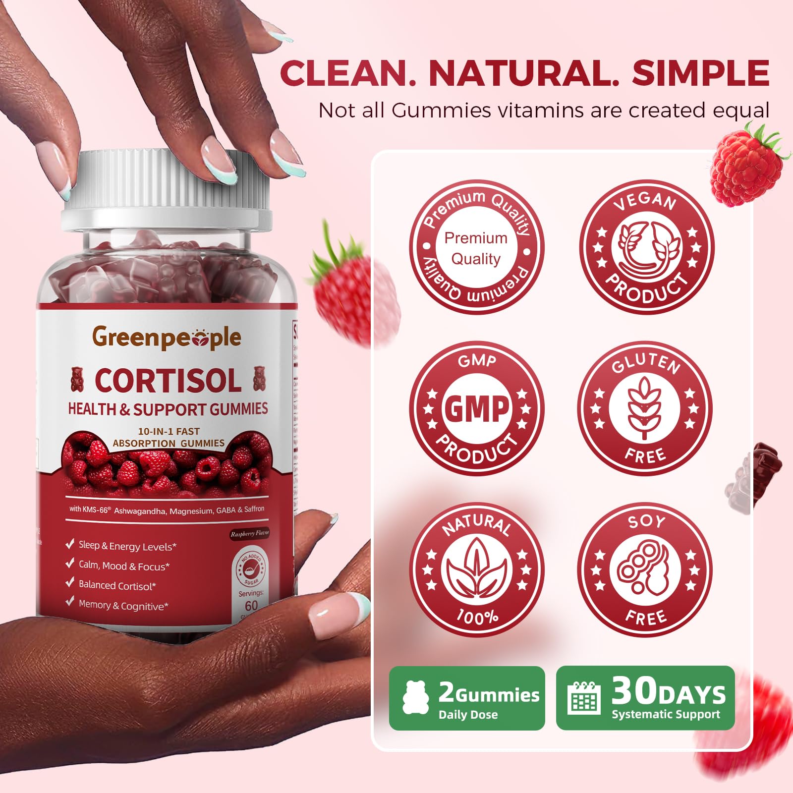 GREENPEOPLE Cortisol Supplements for Women & Men - Cortisol Reducer Detox Manager w/KSM-66 Ashwagandha/Magnesium/L-theanine/GABA/Vitamin B6 for Mood/Sleep/Stress Relief 60 CT Raspberry Flavor Gummies GREENPEOPLEAu supplements