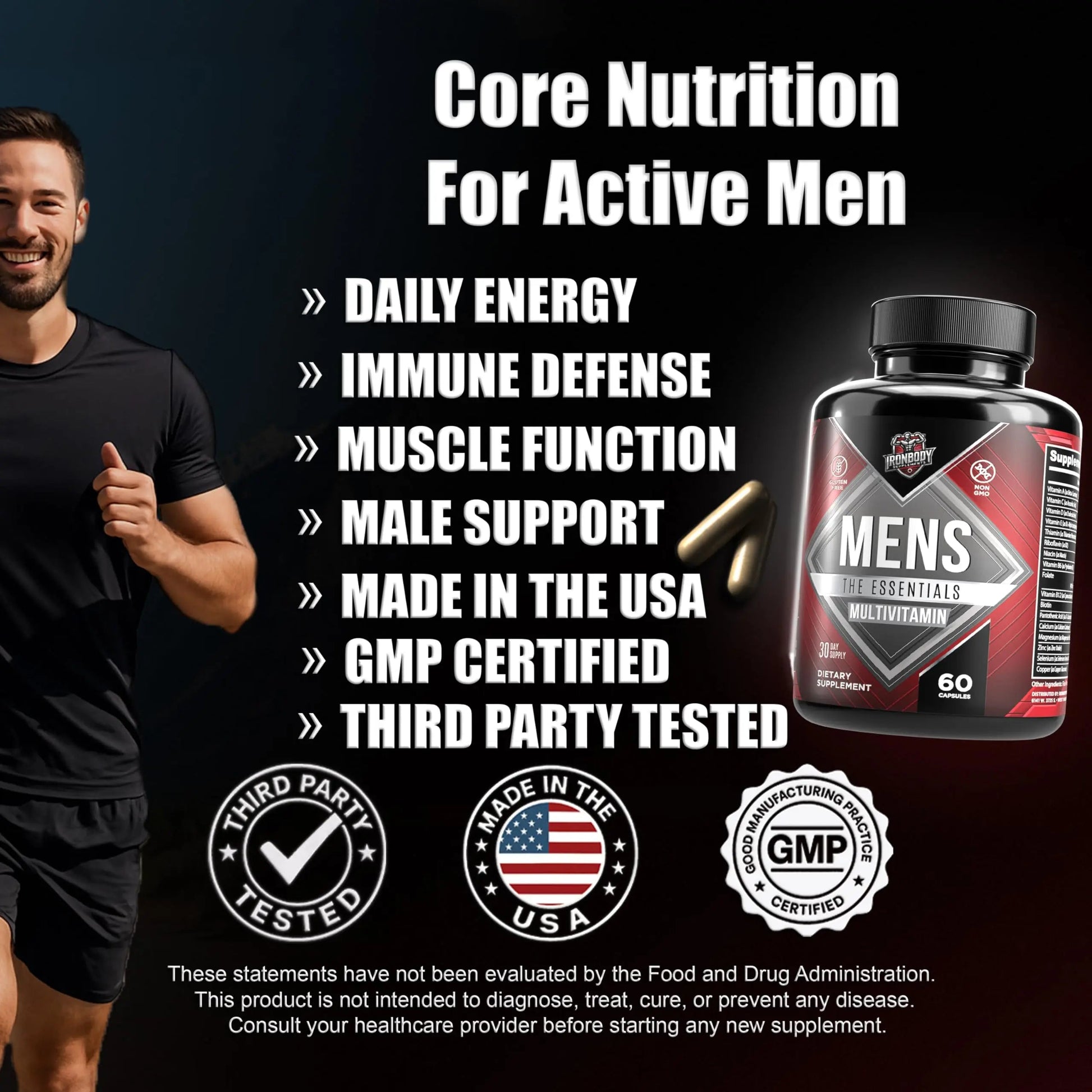 IronBody Supplements, Multivitamin for Men, Vitamins A, B, C, D, E, Zinc. Immune Support, Antioxidant Fruit and Energy Blend. 60 Capsules IronBody SupplementsAu supplements