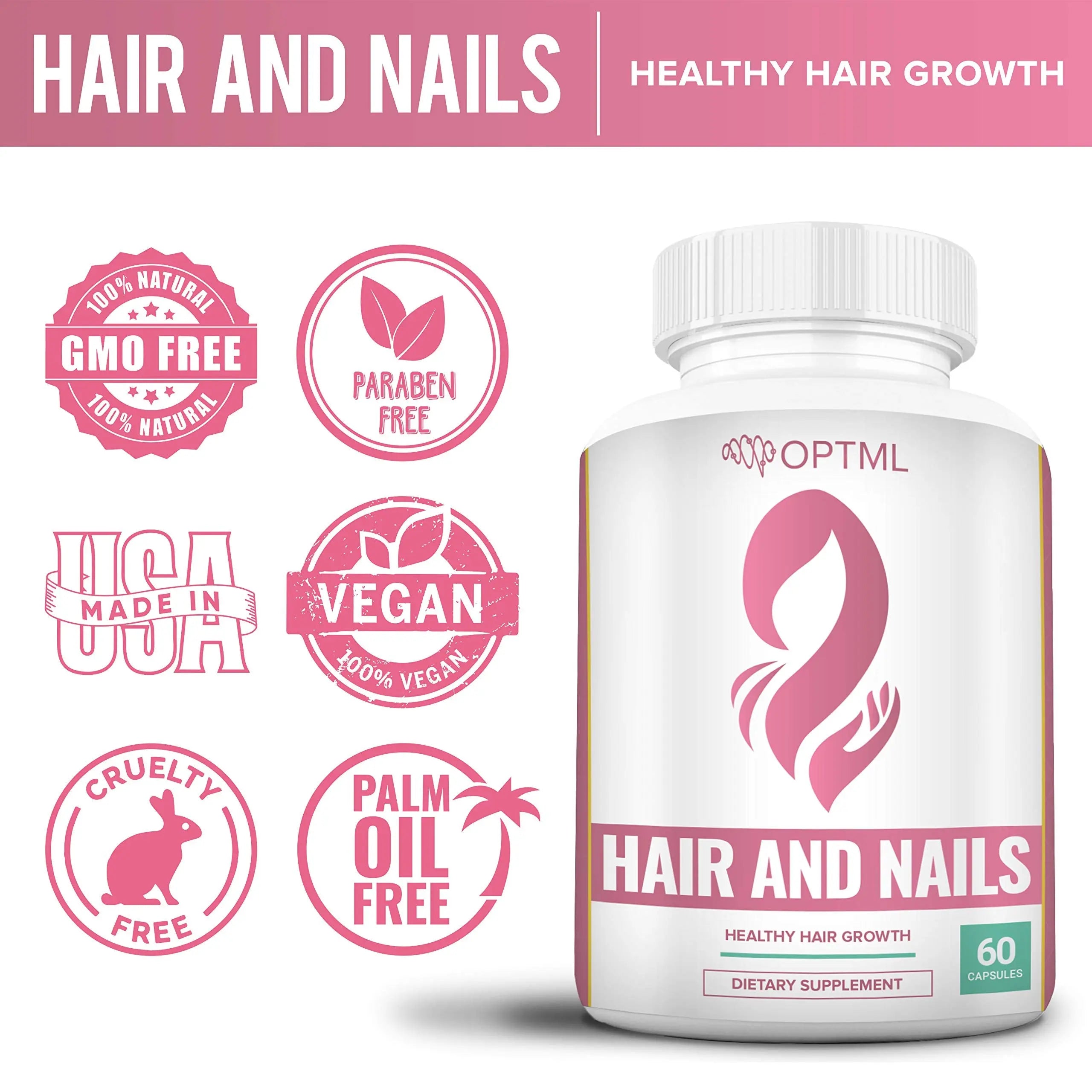 OPTML Hair and Nail Vitamins for Hair Growth and Thickness, Biotin-Infused Hair Pills, Hair Vitamins for Faster Hair Growth and Healthy Nails, for Women and Men, 60 Capsules OPTMLAu supplements