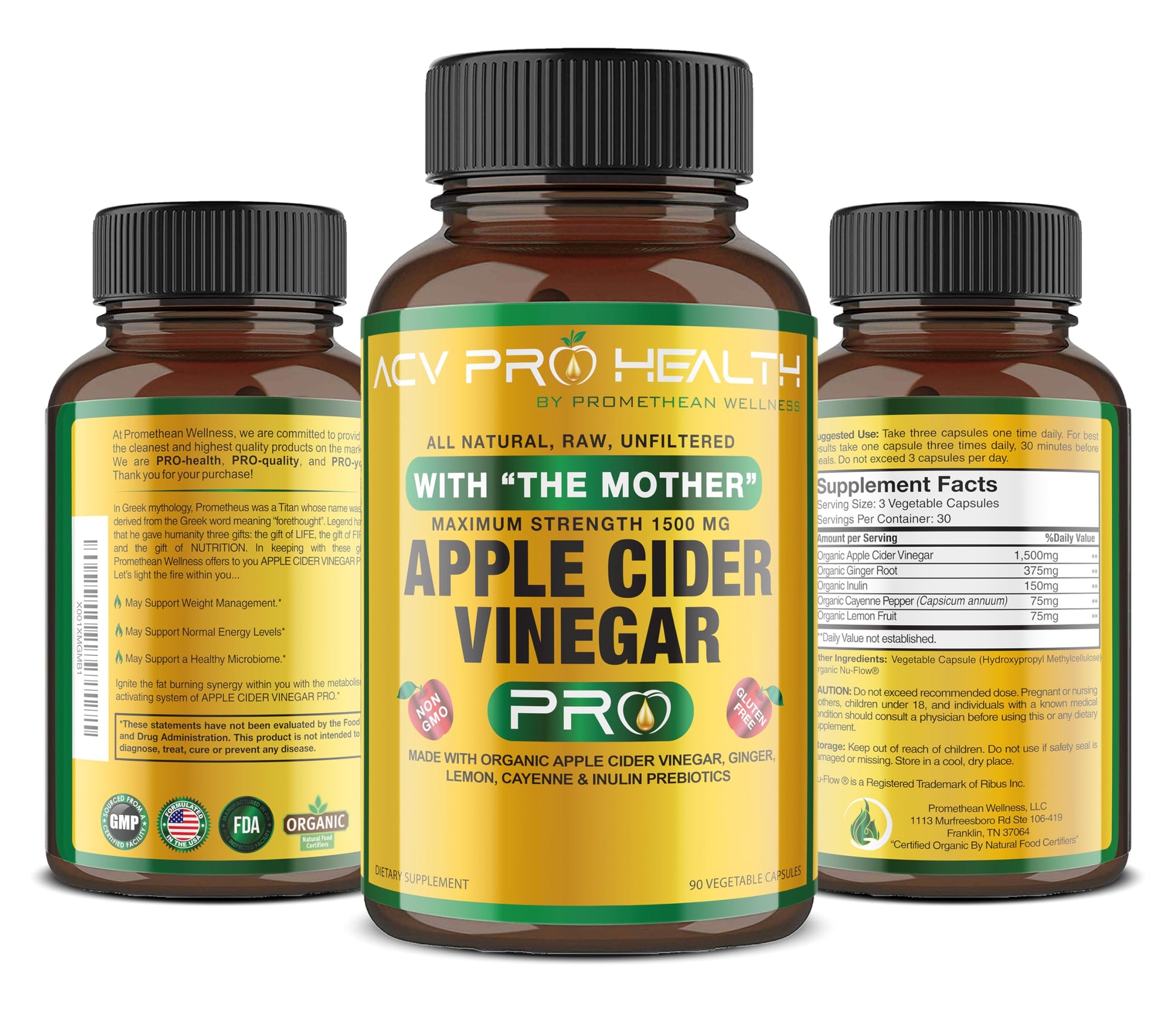 Certified Organic Apple Cider Vinegar Capsules Pro with Mother Acv Pills Detox Promethean WellnessUS supplements