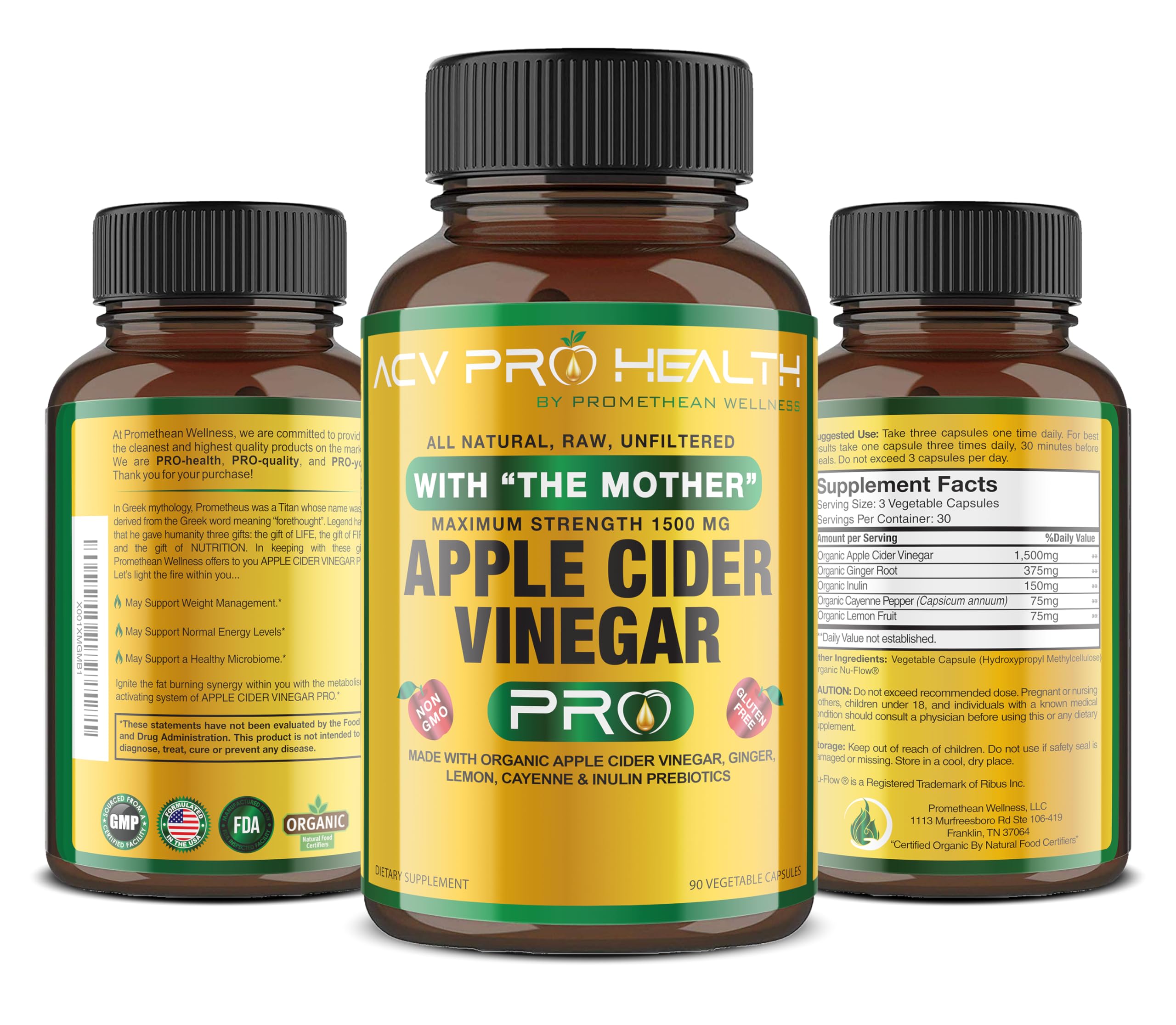 Certified Organic Apple Cider Vinegar Capsules Pro with Mother Acv Pills Detox Promethean WellnessUS supplements