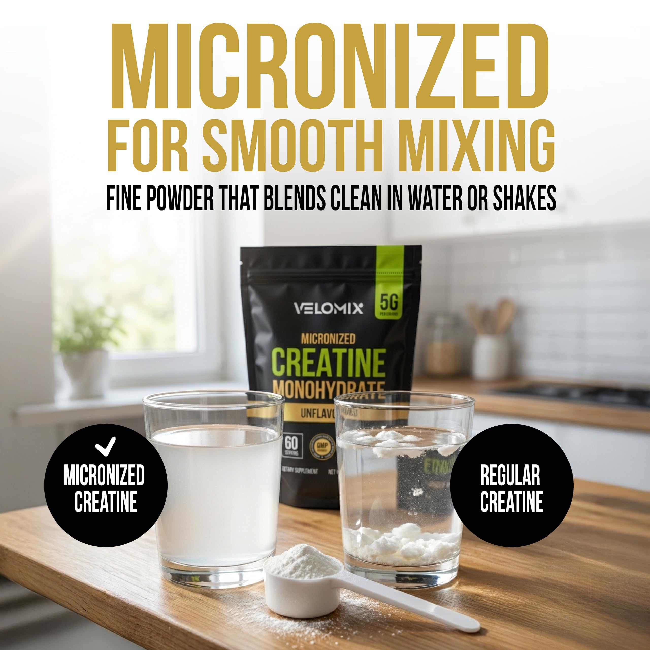 VELOMIX Micronized Creatine Monohydrate Powder - 100% Pure Creatine Powder Unflavored and Easy to Mix | Supports Muscle Growth, Recovery, and Strength | 5000mg Per Serv (5g) - 60 Servings VELOMIXAu supplements