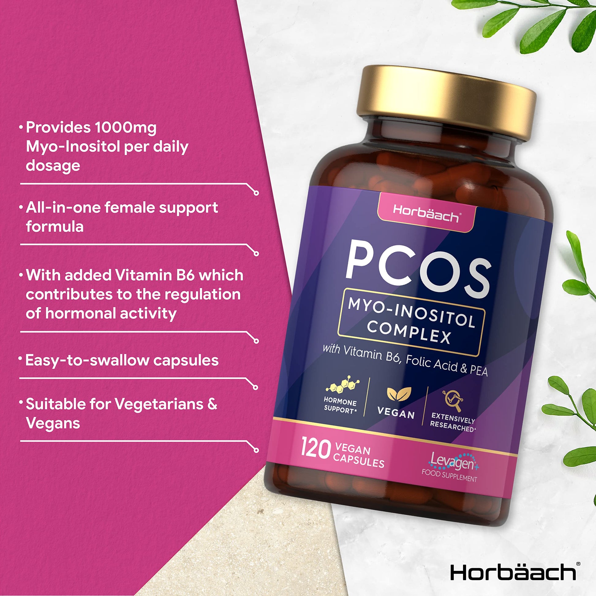 Inositol Supplement for PCOS | 120 Vegan Capsules | Myo-Inositol Complex with Folic Acid HorbäachUS supplements