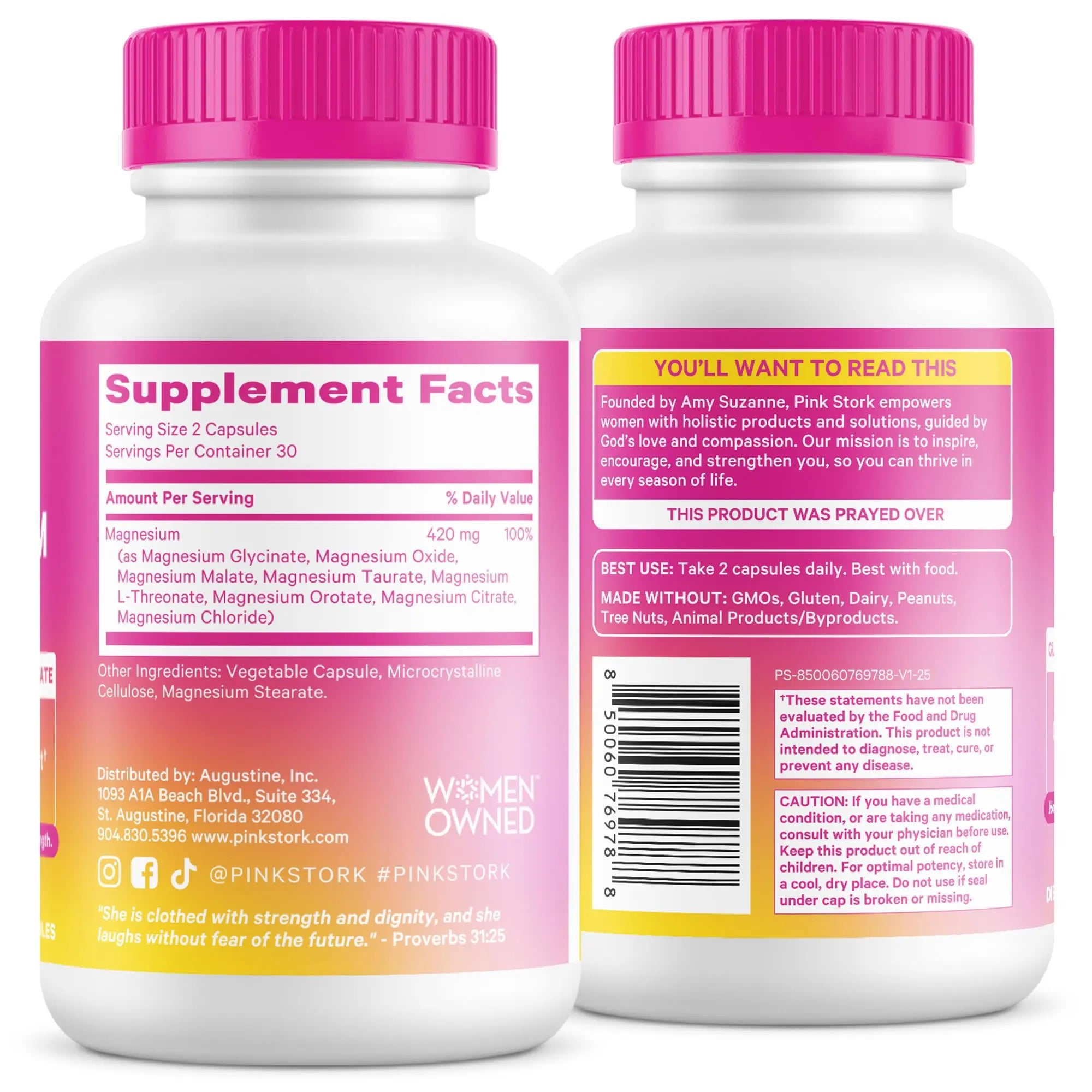 Pink Stork Magnesium Complex for Women - 8 Forms Including Glycinate, Malate, Citrate & L-Threonate - Stress, Sleep, Muscle & Hormone Support - 400 mg Elemental Magnesium - 60 Vegan Capsules Pink Storknz supplements