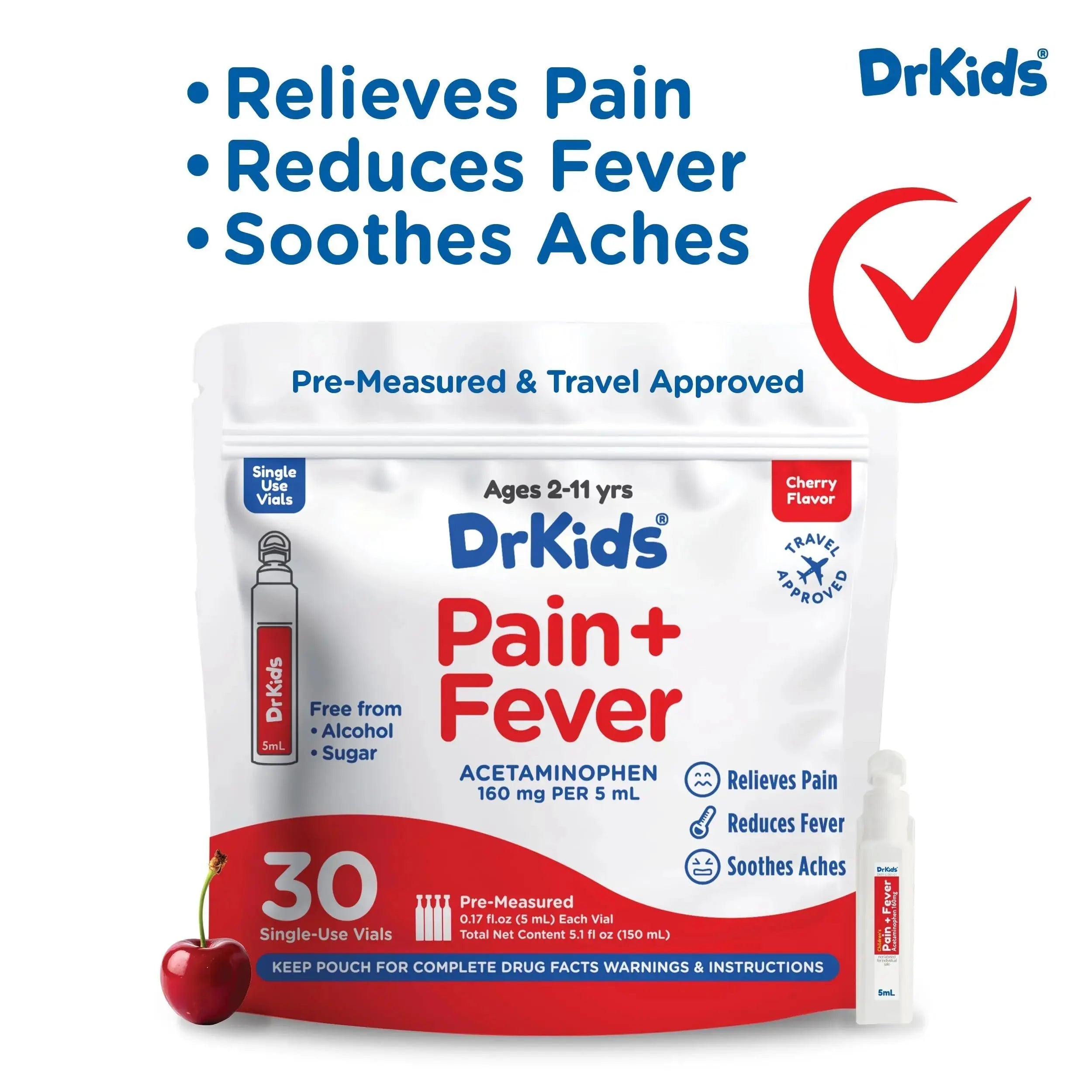 Dr. Kids Children’s Pain and Fever Medicine - Acetaminophen for Kids Ages 2-11, Pre-Measured Single-Use Vials for Headache, Sore Throat, Cold and Flu, Cherry Flavor, 30 Count Dr. KidsAu supplements