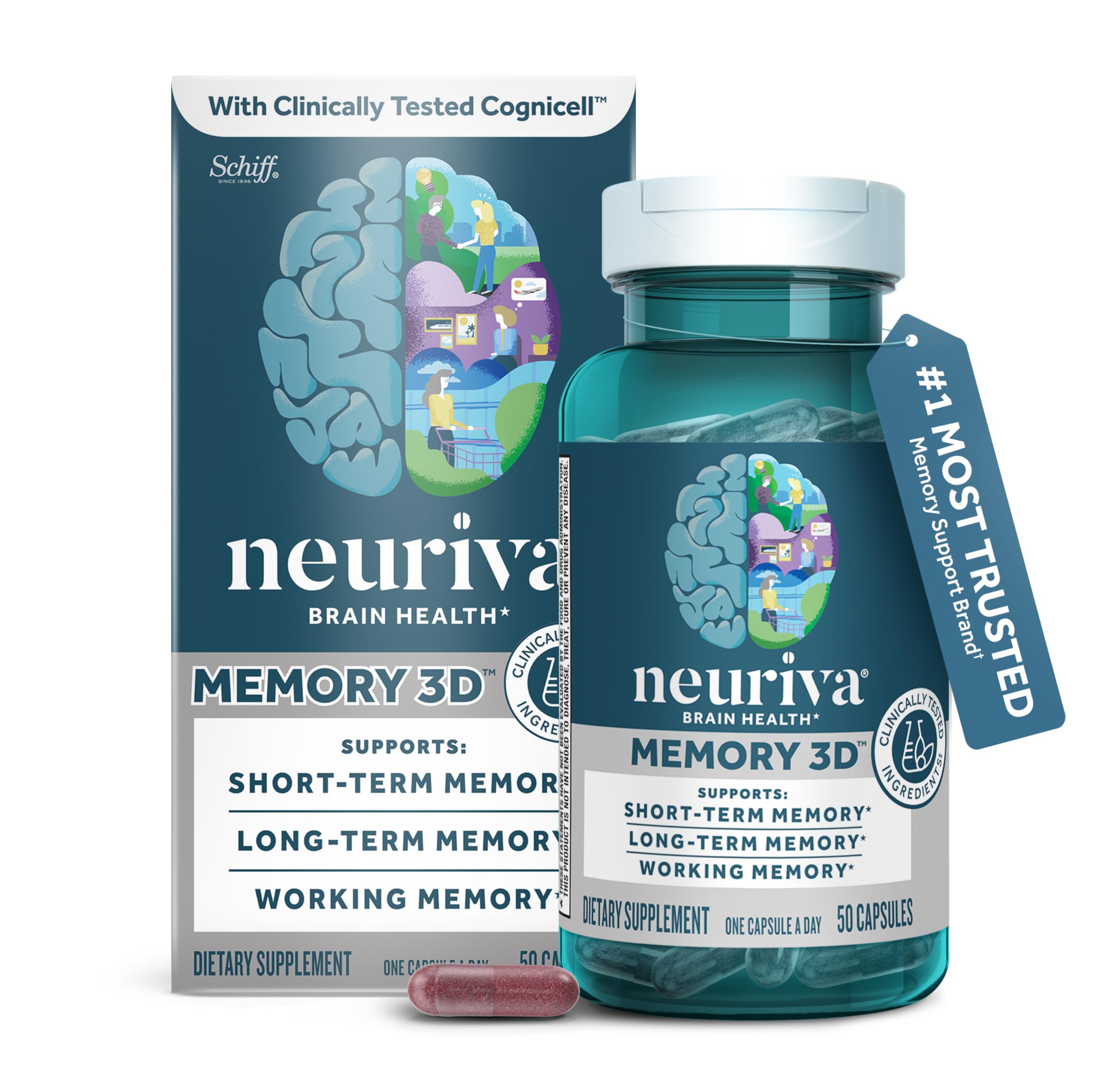 NEURIVA Memory 3D Brain Supplement - Decaffeinated Nootropic Capsules for Memory, Focus, & Cognitive Function - Short Term, Long Term, & Working Memory Support - 50ct NEURIVAAu supplements