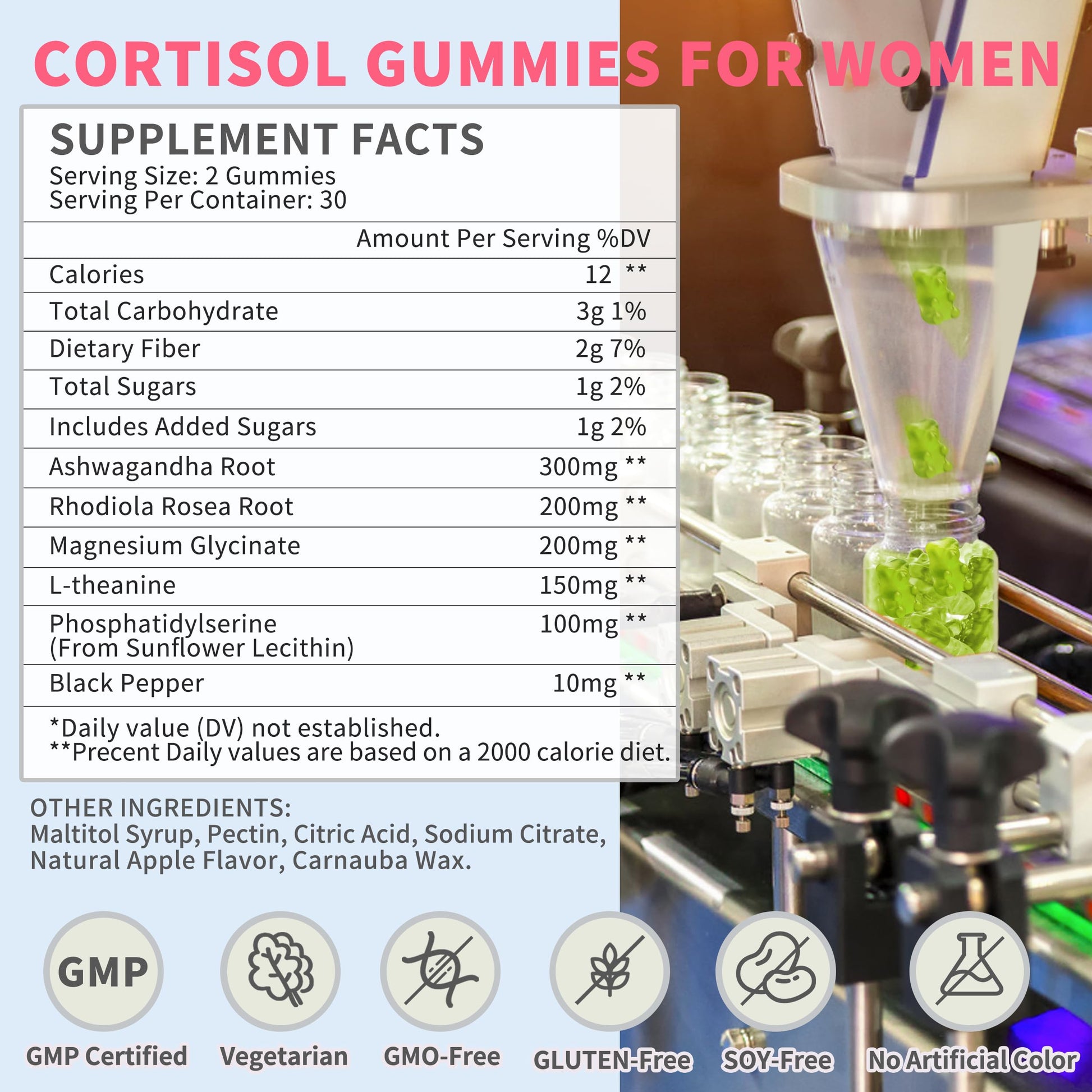 Cortisol Gummies for Women,Cortisol Manager with Ashwagandha,Magnesium,L-theanine,Phosphatidylserine,Rhodiola Rosea,Black Pepper for Mood Support,Adrenal Balance,Sleep,Vegan,Apple Flavor,60 Count HudetexAu supplements