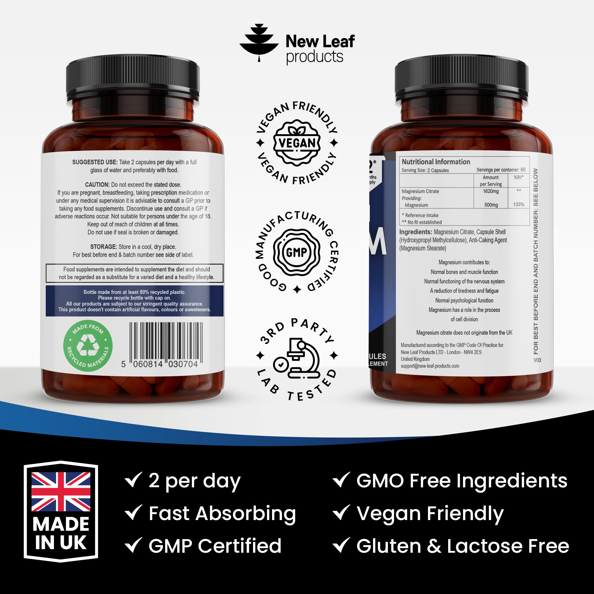 Magnesium Supplements 1620mg - Super Strength - Magnesium Citrate Capsules NEW LEAF PRODUCTSUS supplements