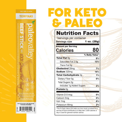Paleovalley 100% Grass Fed Teriyaki Beef Sticks - Delicious Gluten Free Beef Snack - High Protein Keto Friendly PaleovalleyUS supplements
