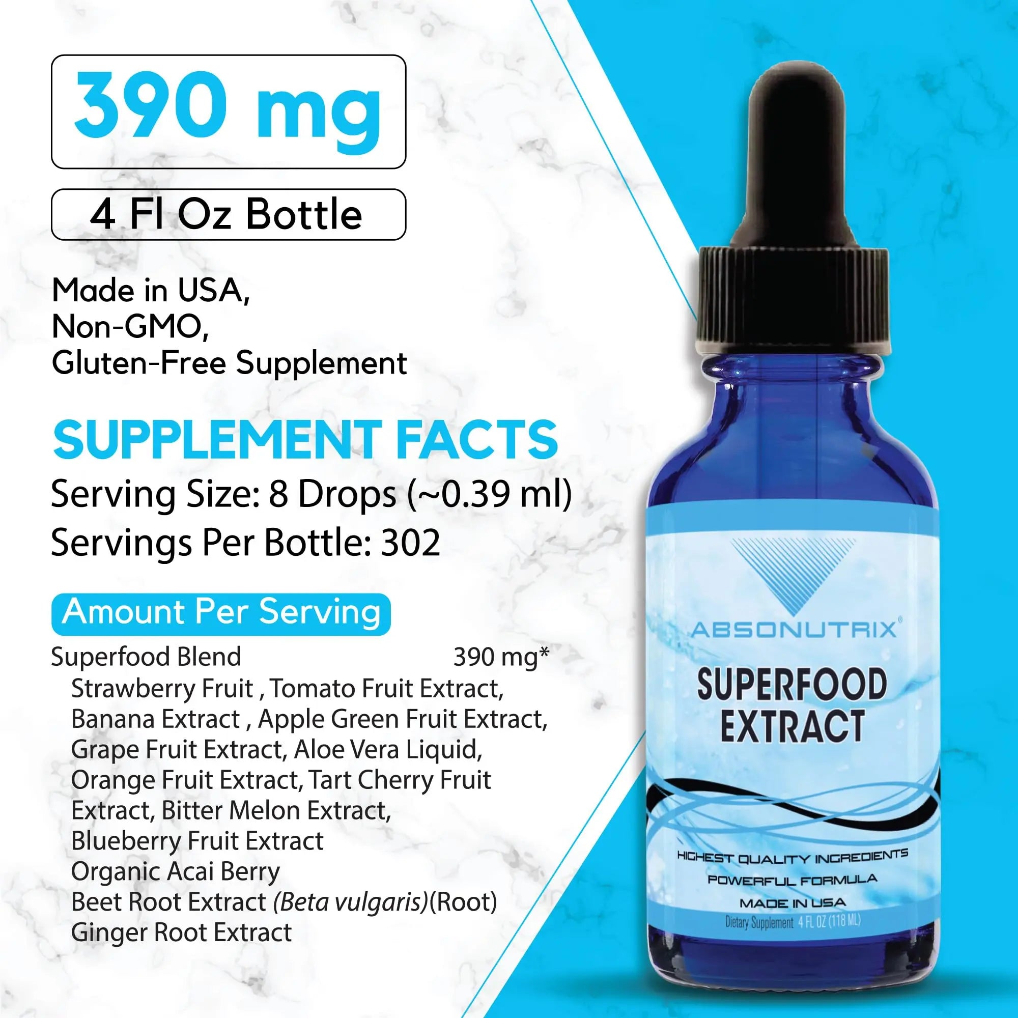 Absonutrix Superfood Extract 390 mg, 4 Oz Liquid, 302 Servings, Made in USA, Quick Absorption, Quality Potent Ingredients, Non-GMO, GMP Certified, Cruelty-Free Products Absonutrixnz supplements