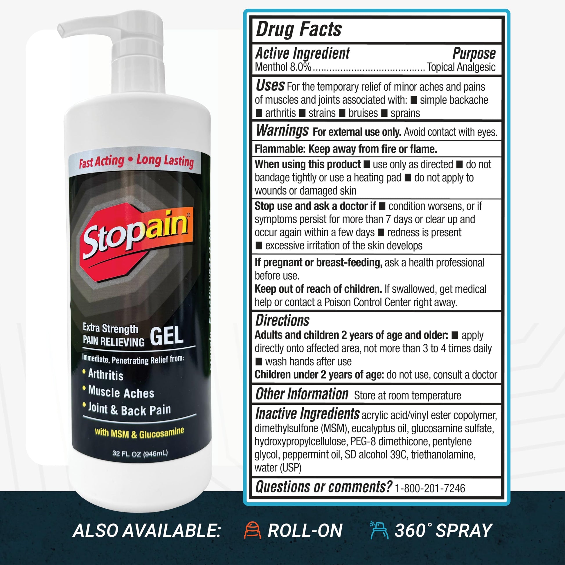 Stopain Pain Relief Gel 32oz, USA Made, Max Strength Fast Acting with Menthol, MSM, Glucosamine for Joint Pain, Back Pain, Arthritis, Knee, Neck Pain, HSA FSA Approved OTC Topical Analgesic Product StopainAu supplements