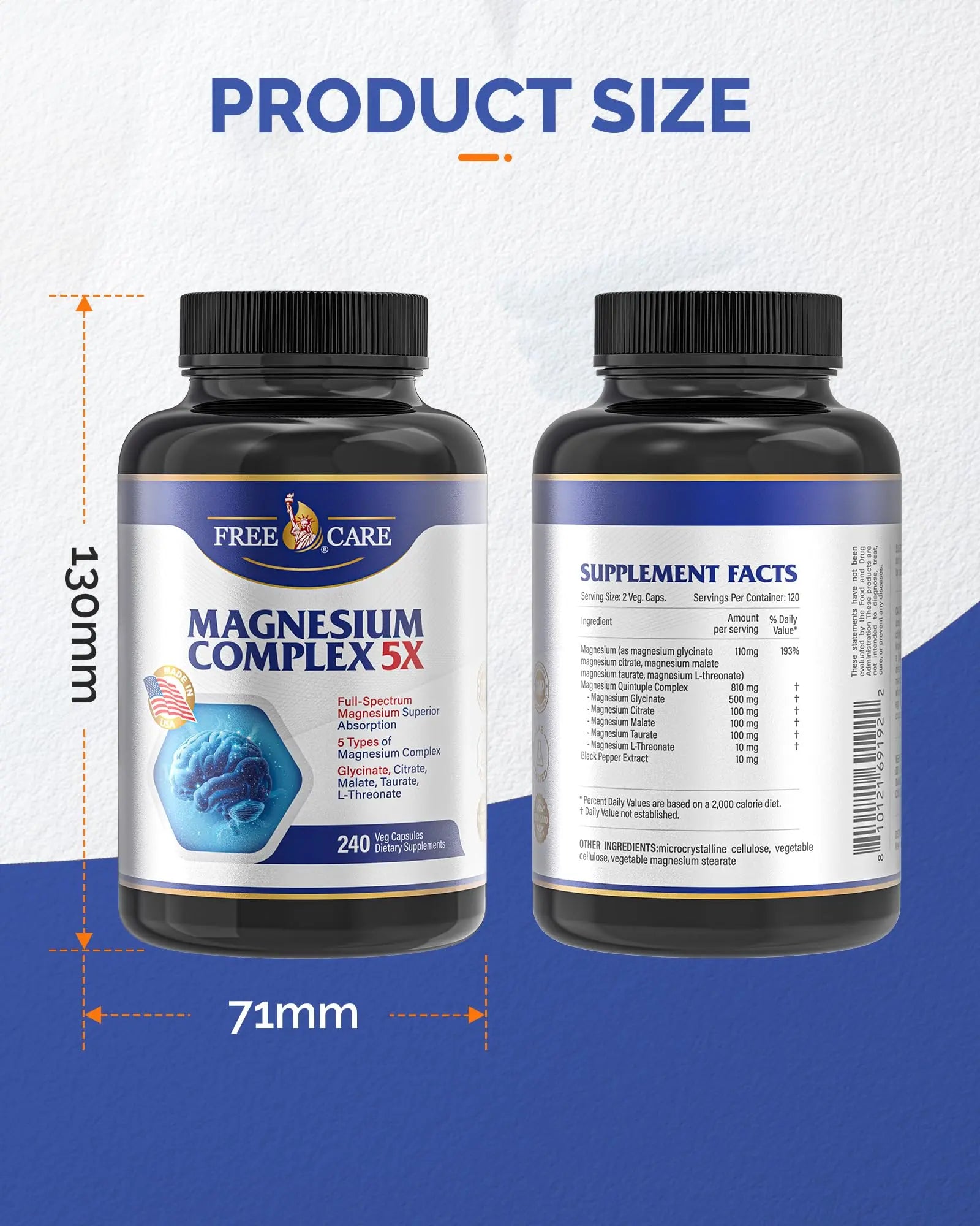 820mg Magnesium Complex 240 Veggie Capsules,for Women & Men with Magnesium Glycinate,Citrate, Malate,Taurate & L-Threonate for Sleep, Mood, Muscle Relaxation & Nerve Function Vegan Friendly, Non-GMO FreeCarenz supplements