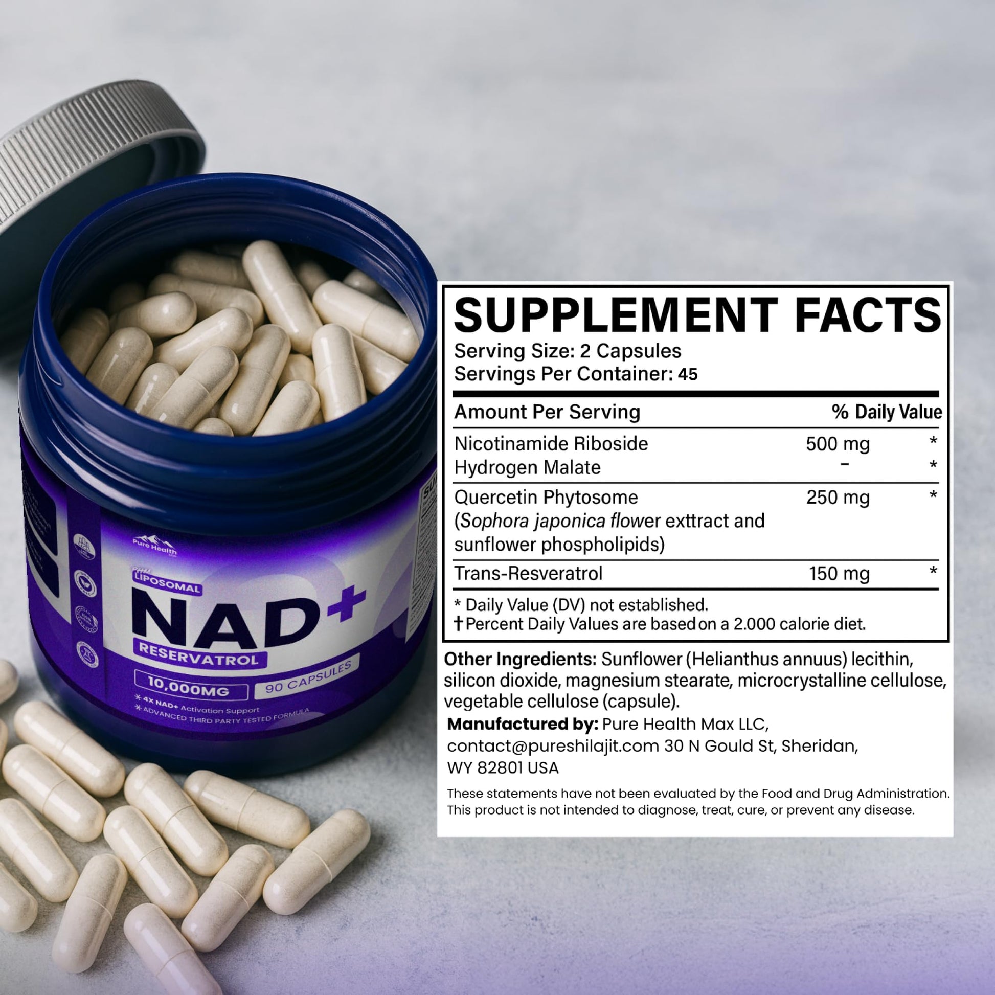 PURE HEALTH MAX PHM NAD Resveratrol Supplement - 10,000MG Extra Strength | NAD+ Liposomal Supplements for Men and Women | NMN & NMNH Alternative | 90 Capsules, 1.5 Months Supply PURE HEALTH MAXAu supplements