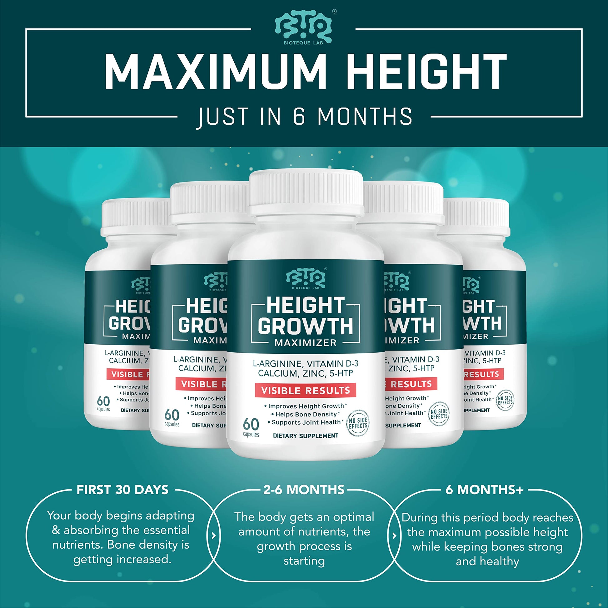 BIOTEQUELAB Height Growth Maximizer, Calcium, Vitamin D3 and Zinc Blend Pills, Bone Growth Supplement for Kids and Teens, Bone Strength, Density Support, GMO-Free, Gluten-Free, Made in USA, 60 Caps BTQ BIOTEQUE LABAu supplements