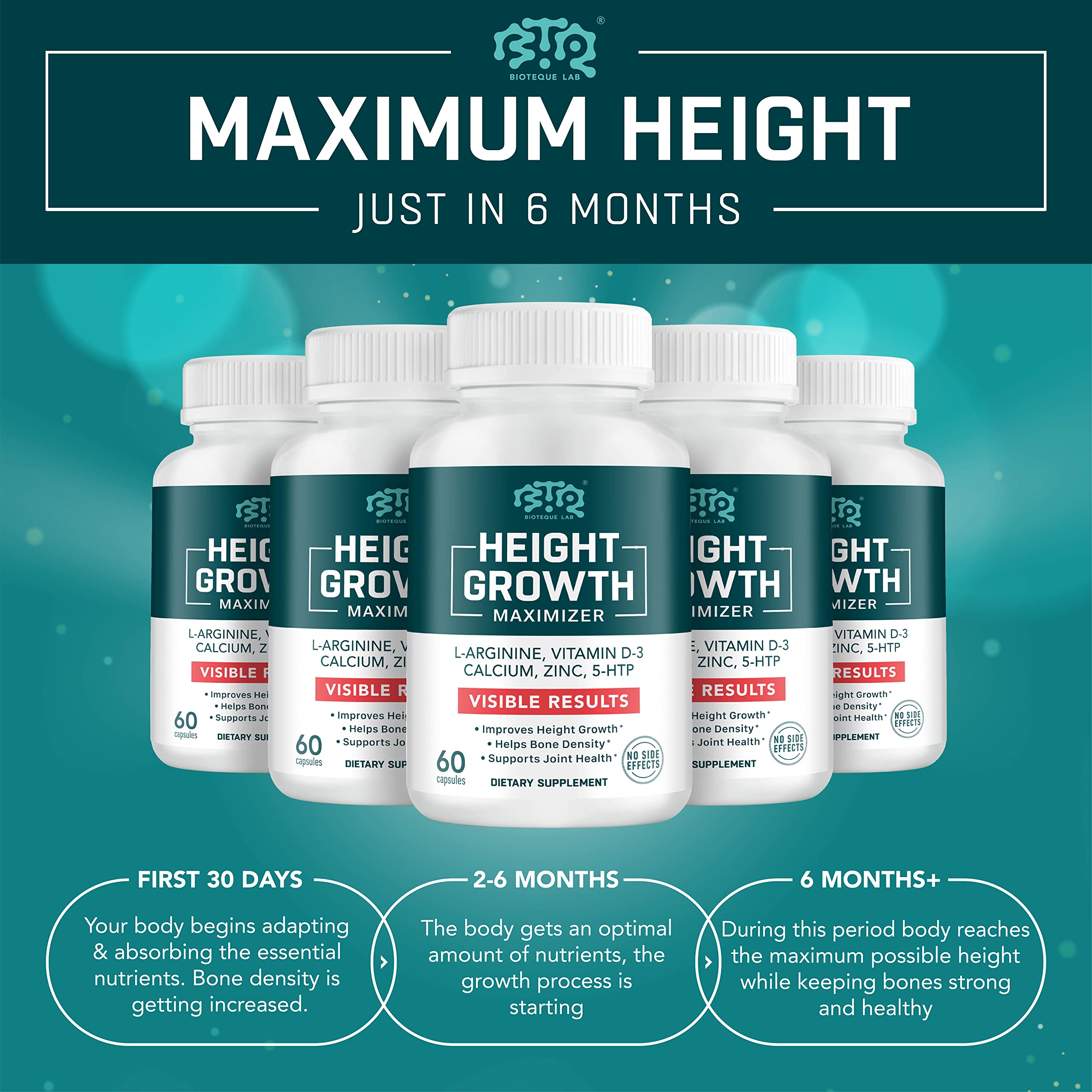 BIOTEQUELAB Height Growth Maximizer, Calcium, Vitamin D3 and Zinc Blend Pills, Bone Growth Supplement for Kids and Teens, Bone Strength, Density Support, GMO-Free, Gluten-Free, Made in USA, 60 Caps BTQ BIOTEQUE LABAu supplements
