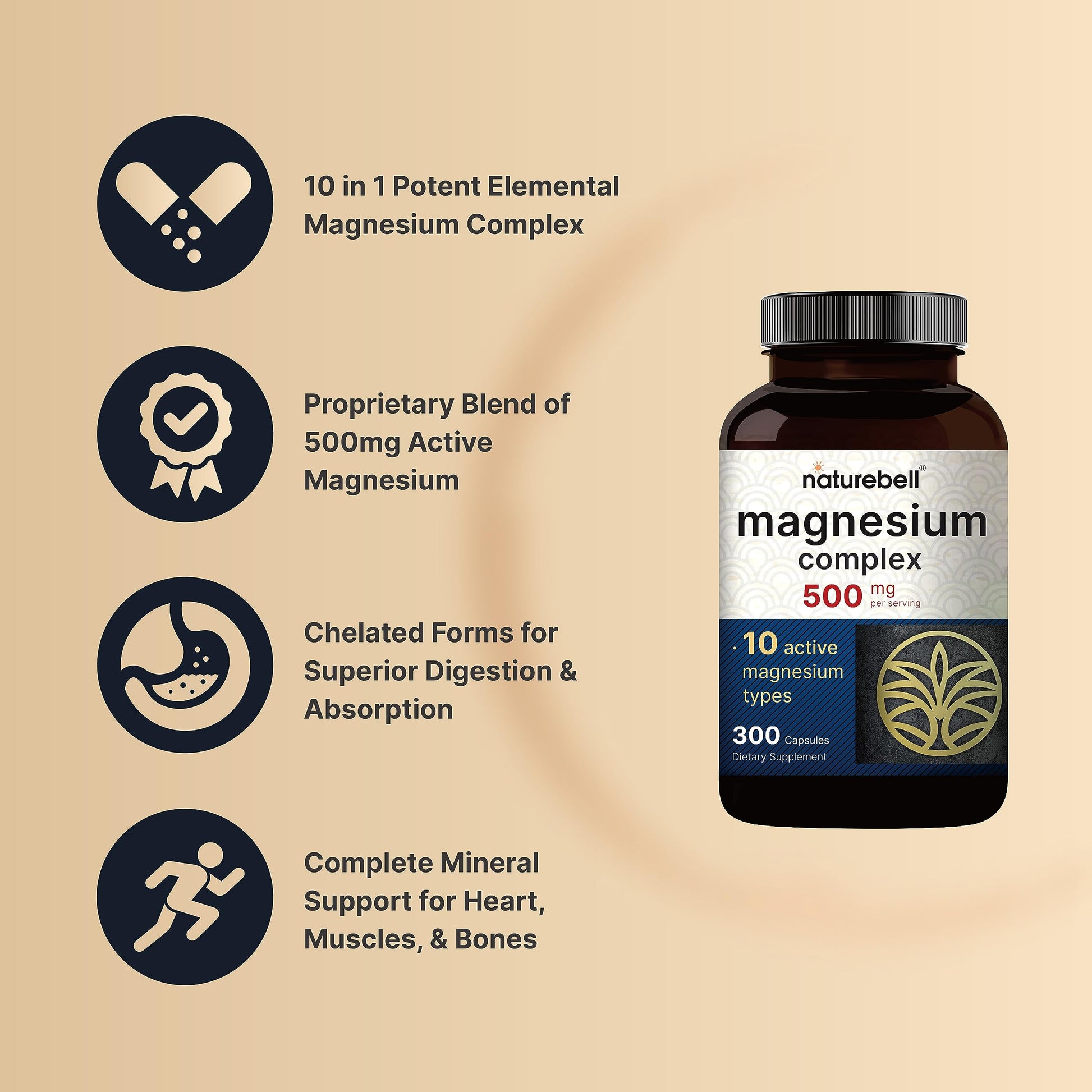 Magnesium Complex 500mg, 300 Capsules | 10-in-1 Magnesium Glycinate, Citrate, Malate & More | Chelated Form for Easy Absorption | Non-GMO NatureBellAu supplements