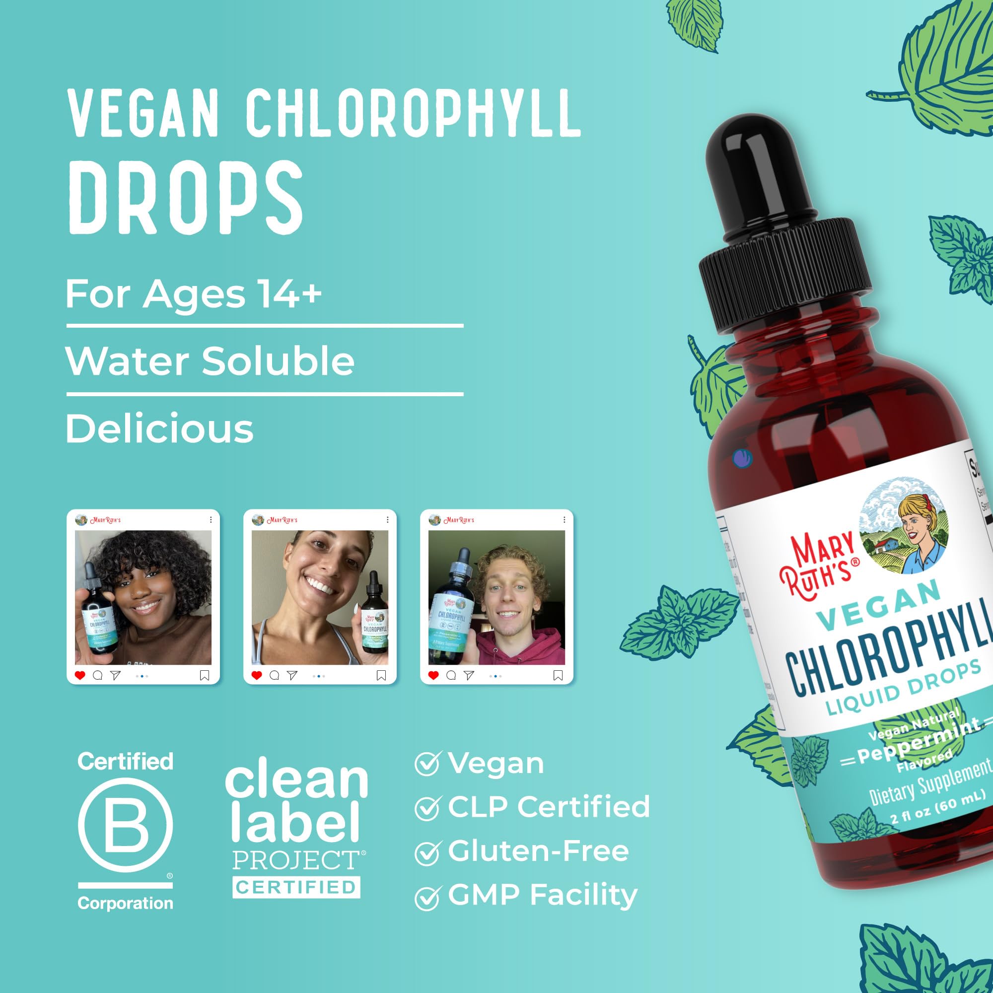 MaryRuth's Chlorophyll Liquid Drops | Clean Label Project Certified® | Vegan | Non-Diluted Liquid Chlorophyll| Mulberry Derived Supplement for Ages 14+ | Non-GMO | Delicious Minty Flavor | 2 Fl Oz MARYRUTH'SUS supplements
