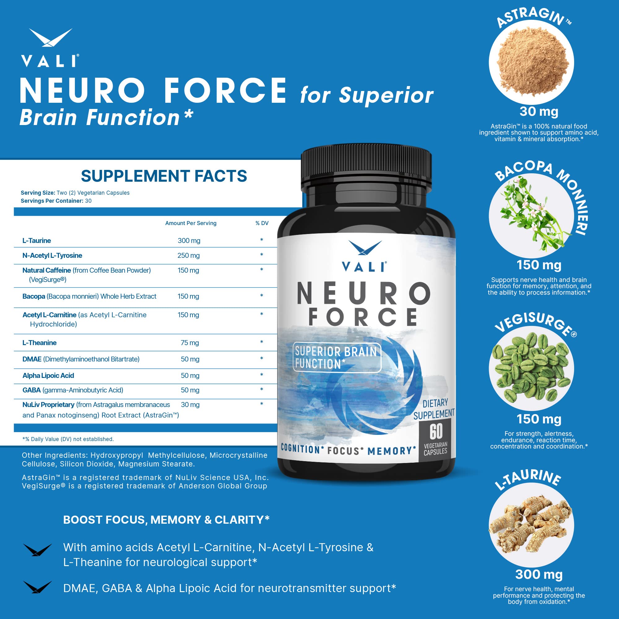VALI Neuro Force Brain Booster Supplement for Focus, Memory, Clarity & Energy. Extra Strength Nootropic Cognitive Function Support for Mental Performance. with Natural Caffeine. 60 Veggie Capsules VALIAu supplements
