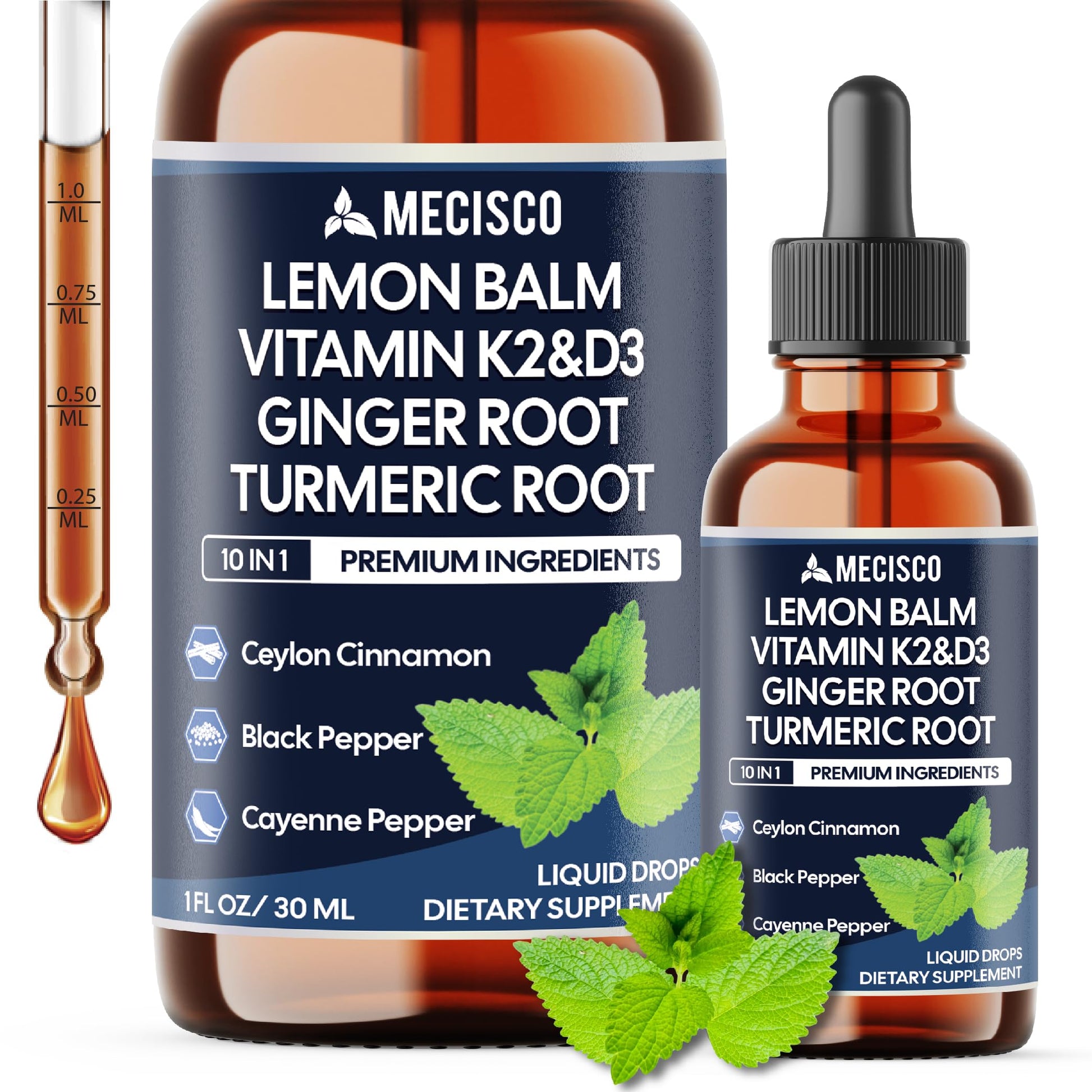 10in1 Lemon Balm Liquid Drops Blend Includes Vitamin D3, Vitamin K2, Lemon Balm, Ginger, Turmeric, Ceylon Cinnamon, Black Pepper, Cayenne Pepper, Berberine, Valerian Root - 1 FL Oz - 2 Month Supply MeciscoAu supplements