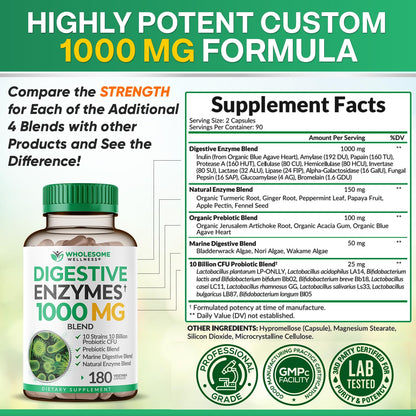 Wholesome Wellness Digestive Enzymes 1000MG Plus Prebiotics & Probiotics Supplement, 180 Capsules, Organic Plant-Based Vegan Formula for Digestion Wholesome WellnessUS supplements