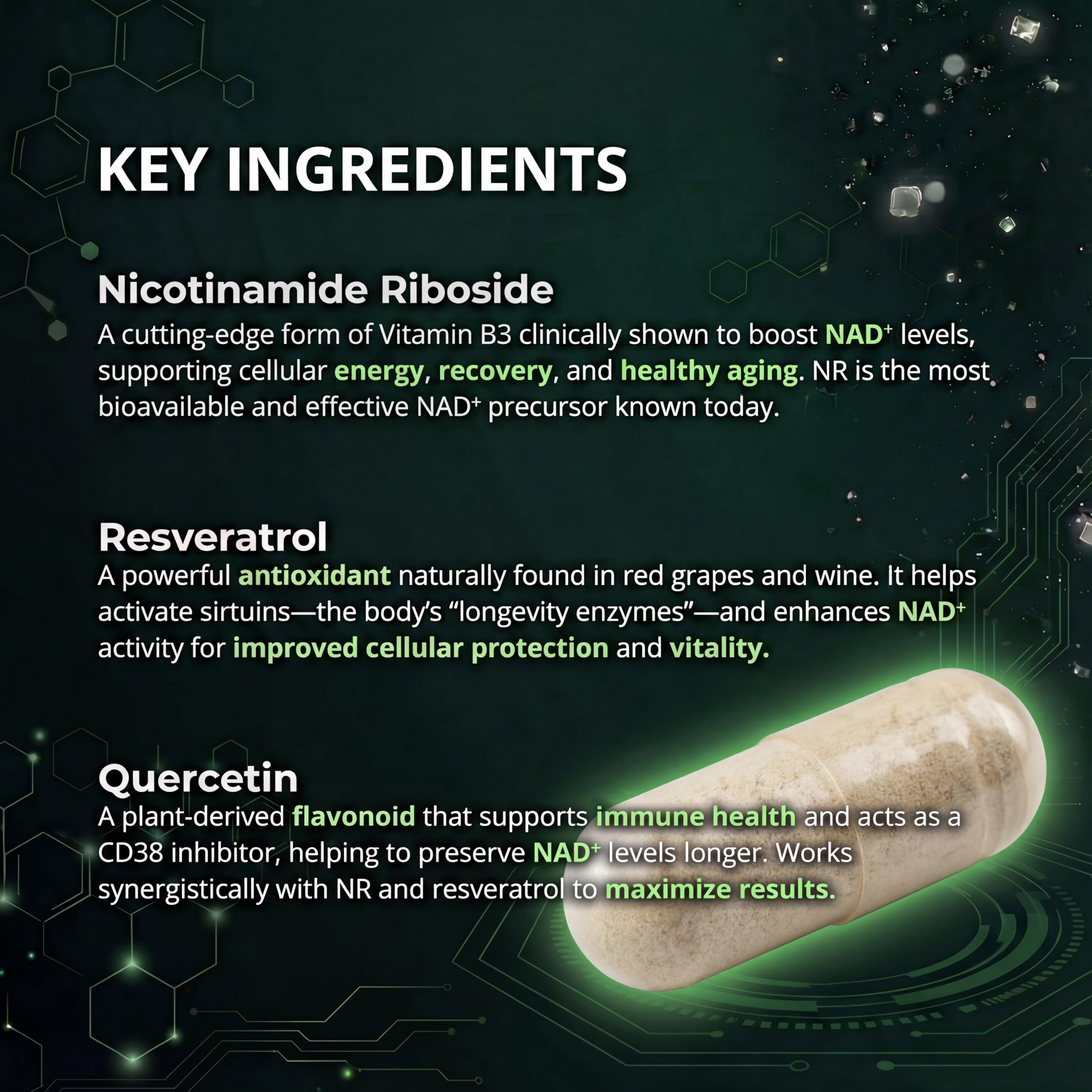 VivaThrive Advanced NAD+ Complex - NMNH Supplement Alternative - 50 Day Supply - Triple Action NAD+ Supplement - Nicotinamide Riboside - Resveratrol - Quercetin - Third-Party Tested - Made in USA VivaThriveAu supplements