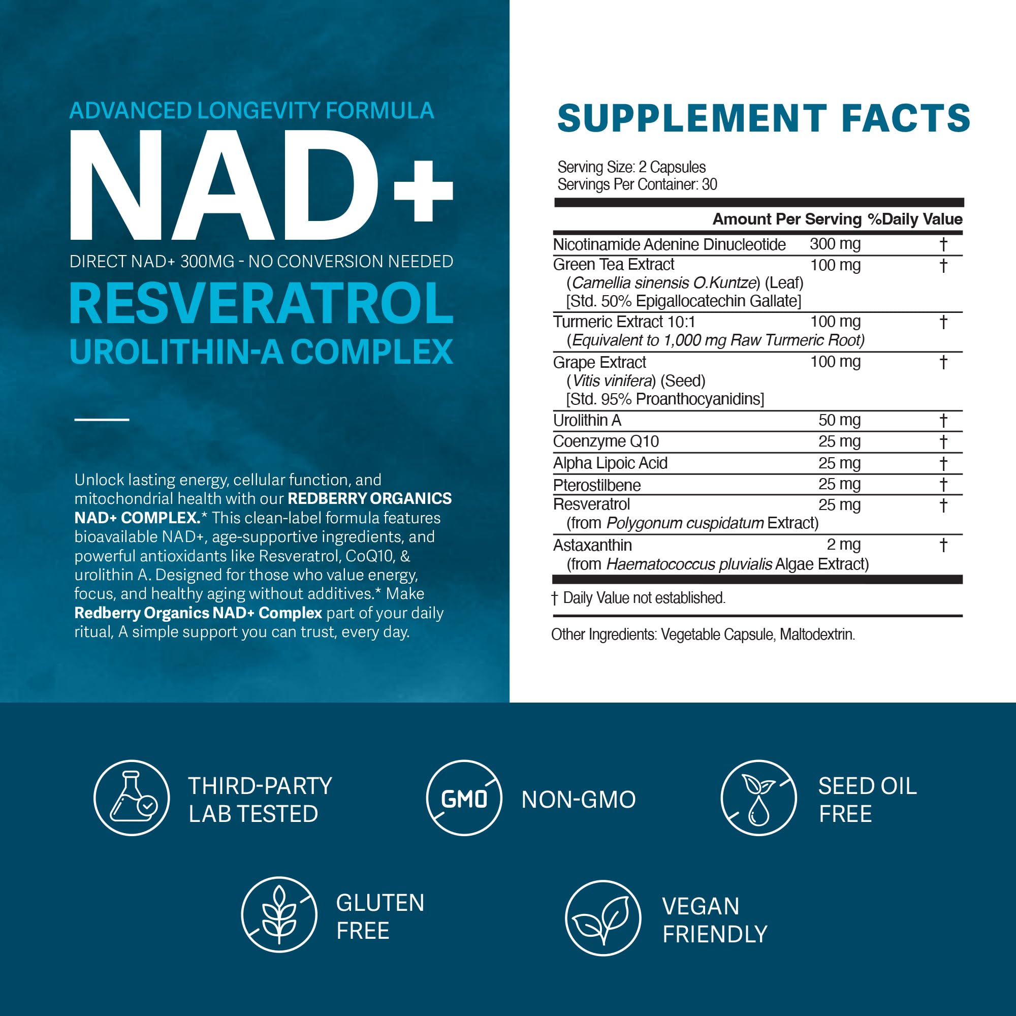 NAD Supplement with Direct NAD+ 300mg (NAD Plus) | Advanced Longevity Complex with Urolithin A & Resveratrol | NMN Alternative | 60 Capsules | Non-GMO, Gluten Free | Made in USA Redberry OrganicsAu supplements